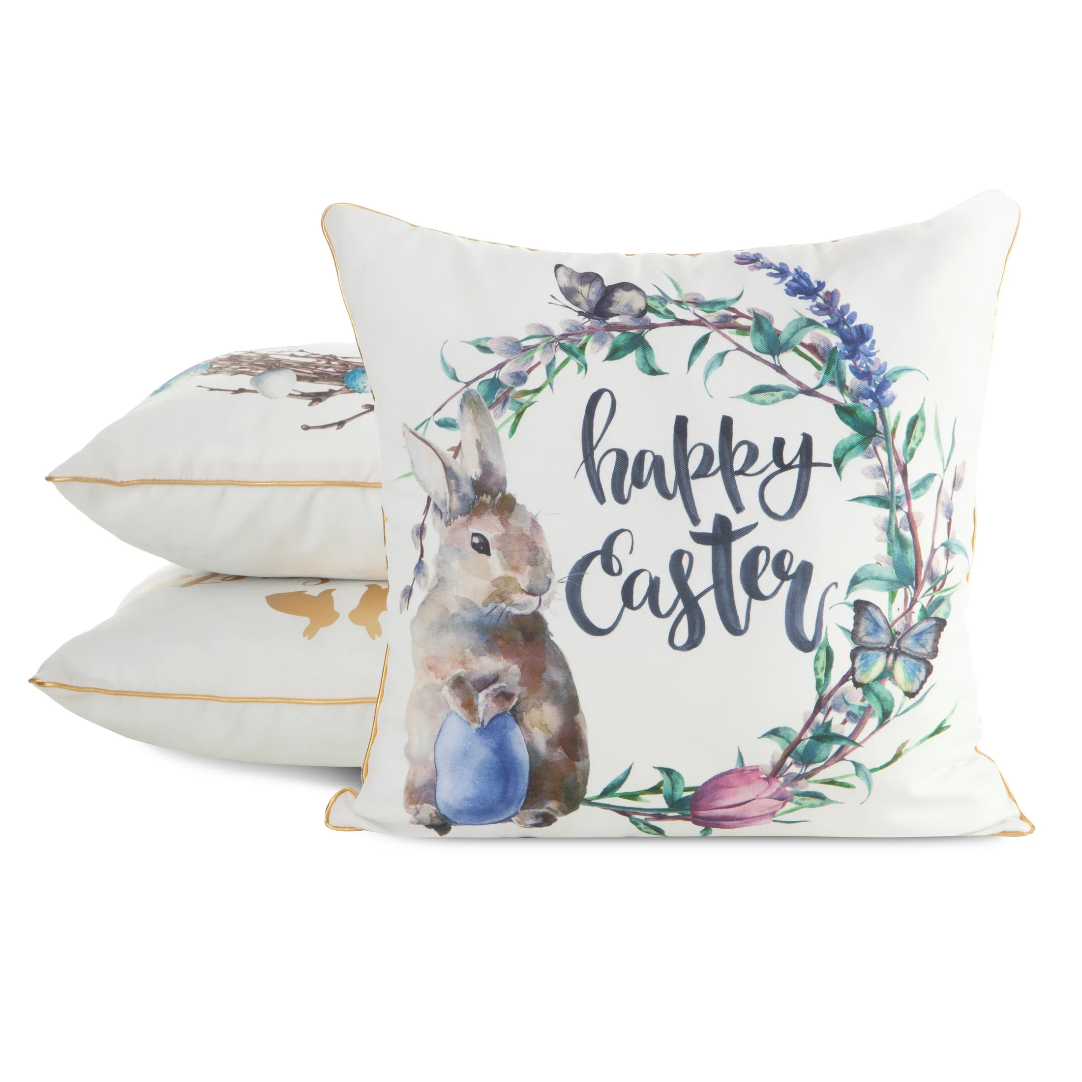 Poszewka na poduszkę 45x45 cm biało niebiska z motywem wielkanocnym z elegancką lamówką WIOSNA 52