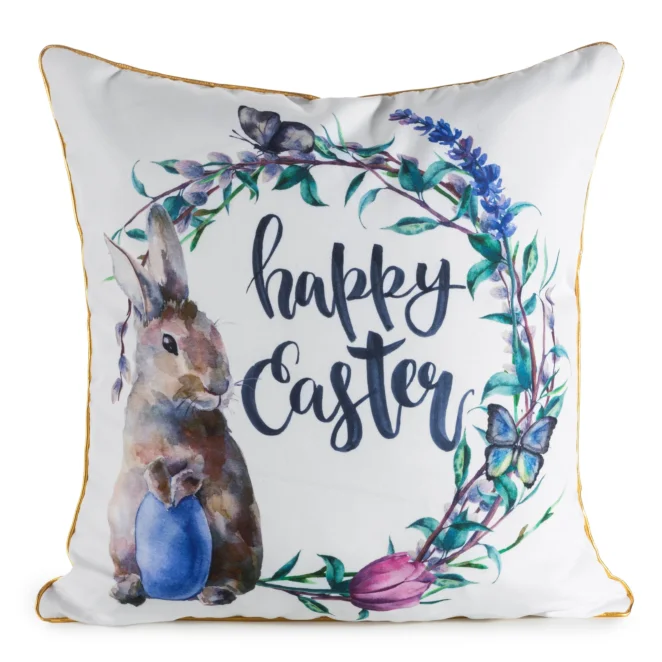 Poszewka na poduszkę 45x45 cm biało niebiska z motywem wielkanocnym z elegancką lamówką WIOSNA 52