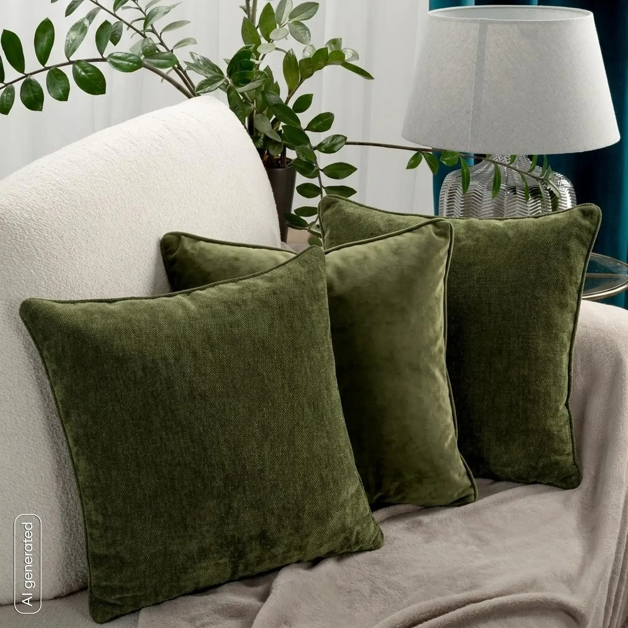 Poszewka na poduszkę 45x45 cm ciemnooliwkowa z szenilowej tkaniny z elegancką lamówką NESKA