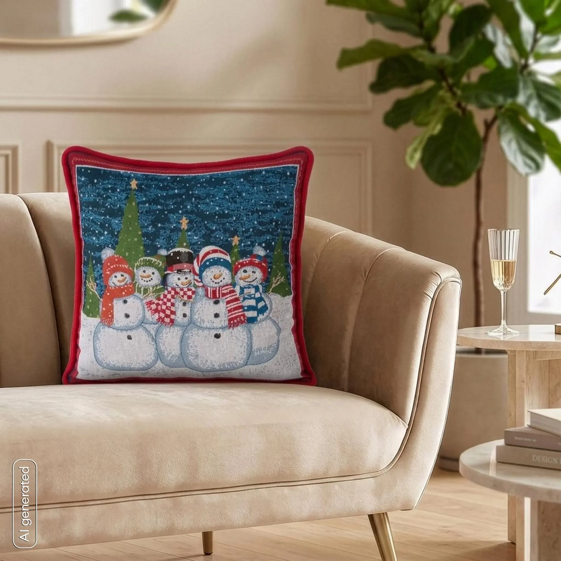 Poszewka na poduszkę 45x45 cm czerwono, niebieska z motywem bałwanków z miękką wypustką na brzegach XMAS