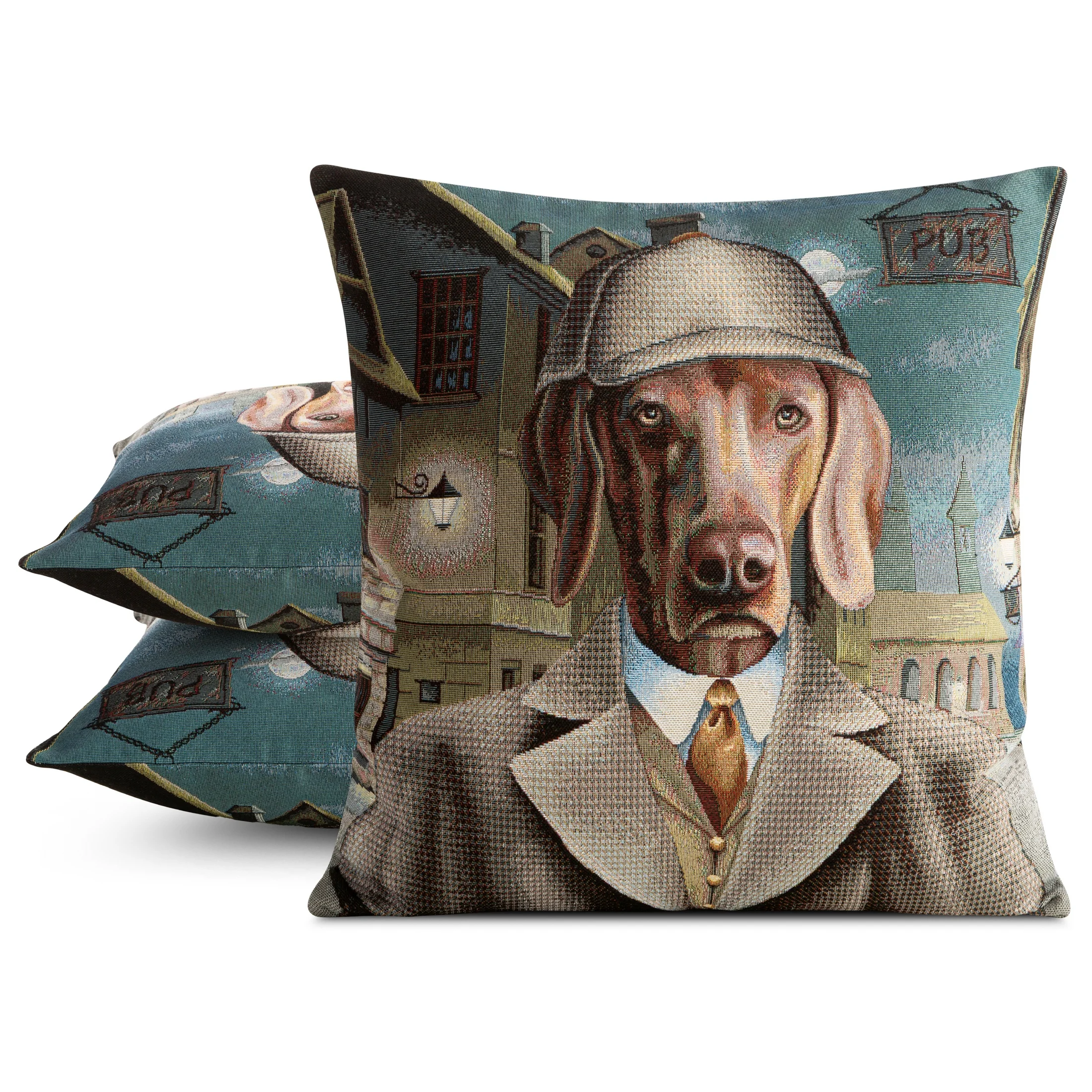 Poszewka na poduszkę 45x45 cm gobelinowa kolor niebiesko brązowy z tkanym motywem psa w stylu angielskiej elegancji, kolekcja ROYAL