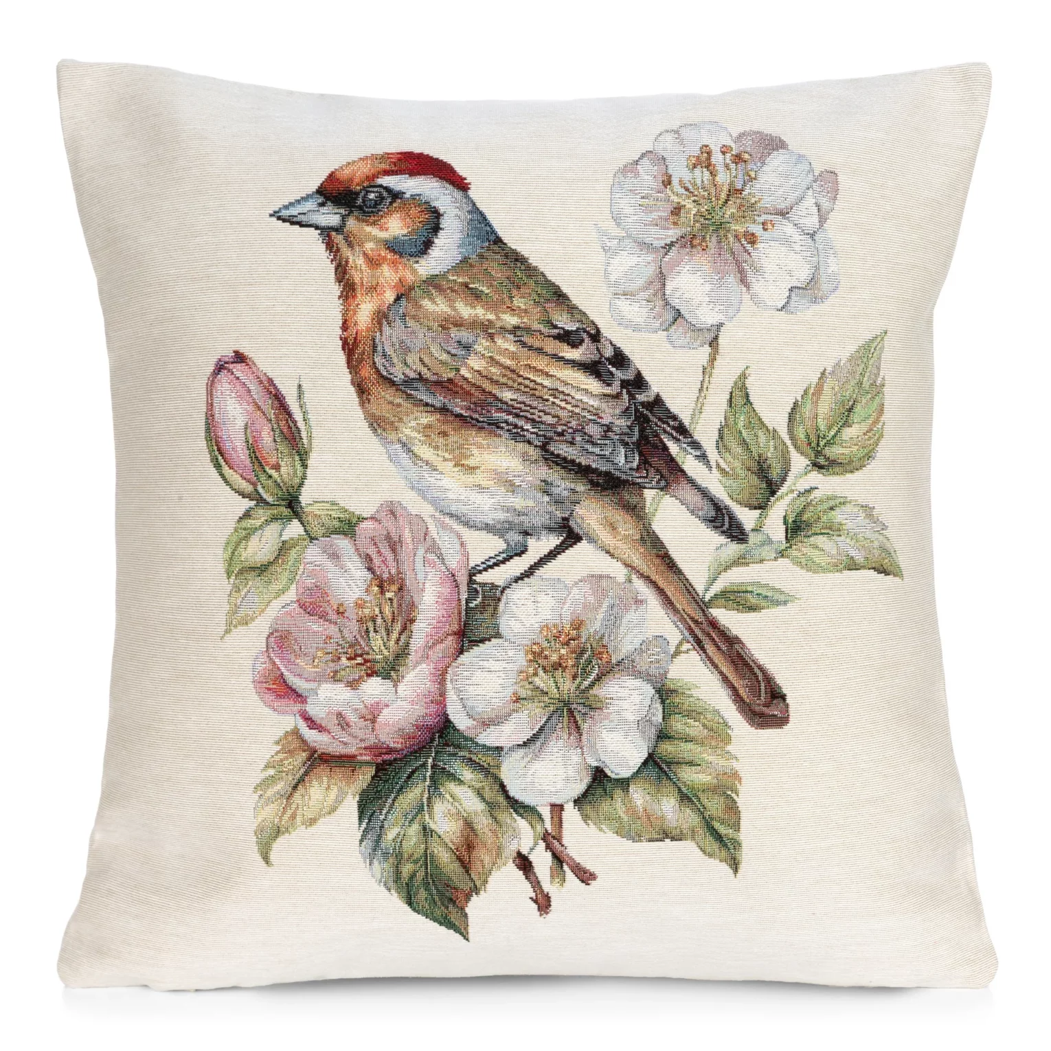 Poszewka na poduszkę 45x45 cm gobelinowa naturalno beżowa z tkanym motywem uroczego ptaszka