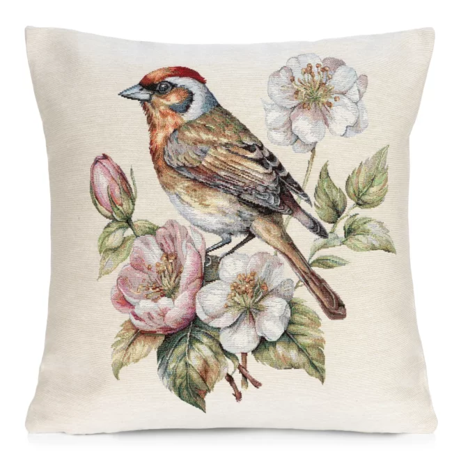 Poszewka na poduszkę 45x45 cm gobelinowa naturalno beżowa z tkanym motywem uroczego ptaszka