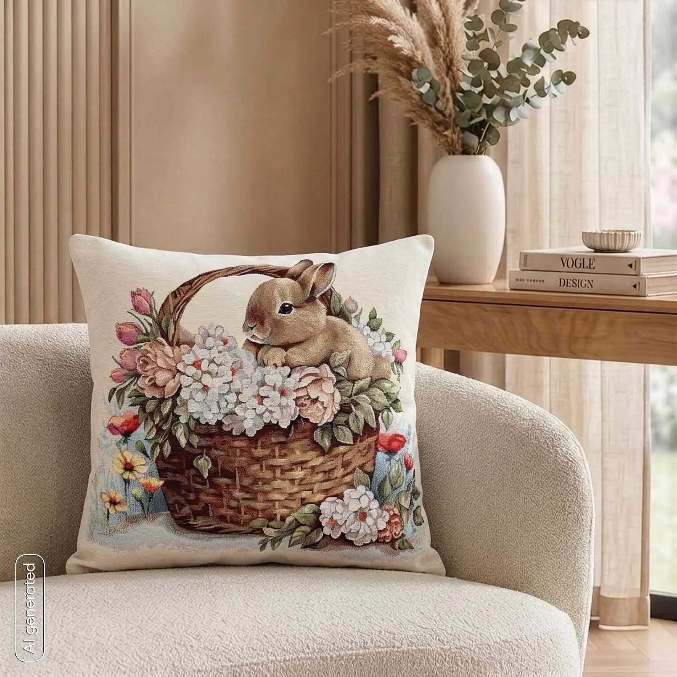 Poszewka na poduszkę 45x45 cm gobelinowa naturalno brązowa z tkanym motywem uroczego króliczka