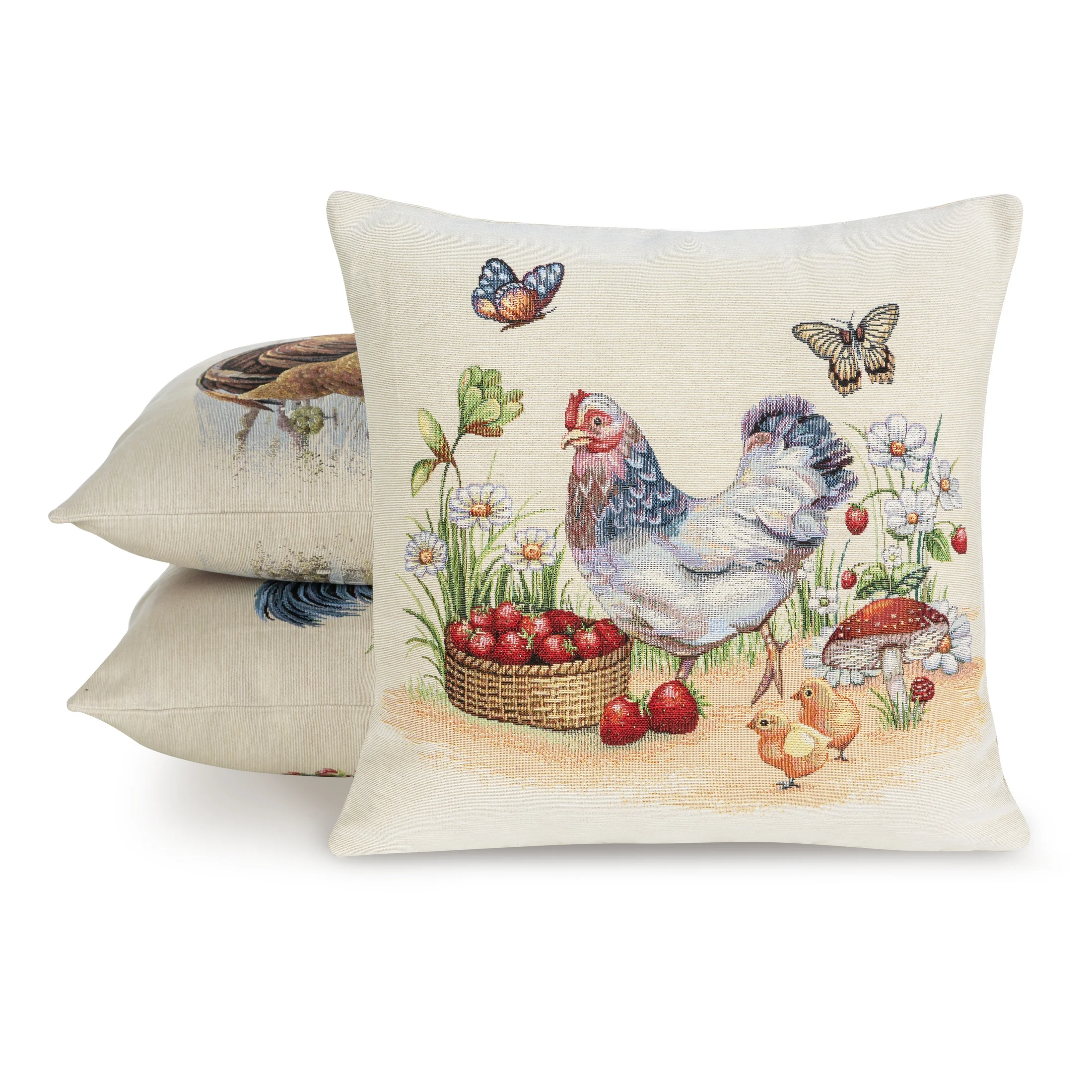 Poszewka na poduszkę 45x45 cm gobelinowa naturalno czerwona z tkanym motywem kury