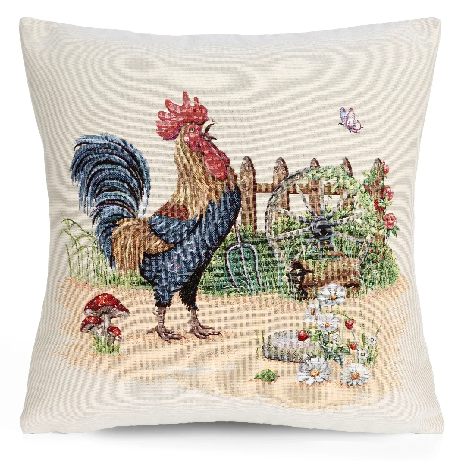Poszewka na poduszkę 45x45 cm gobelinowa naturalno niebieska z tkanym motywem koguta