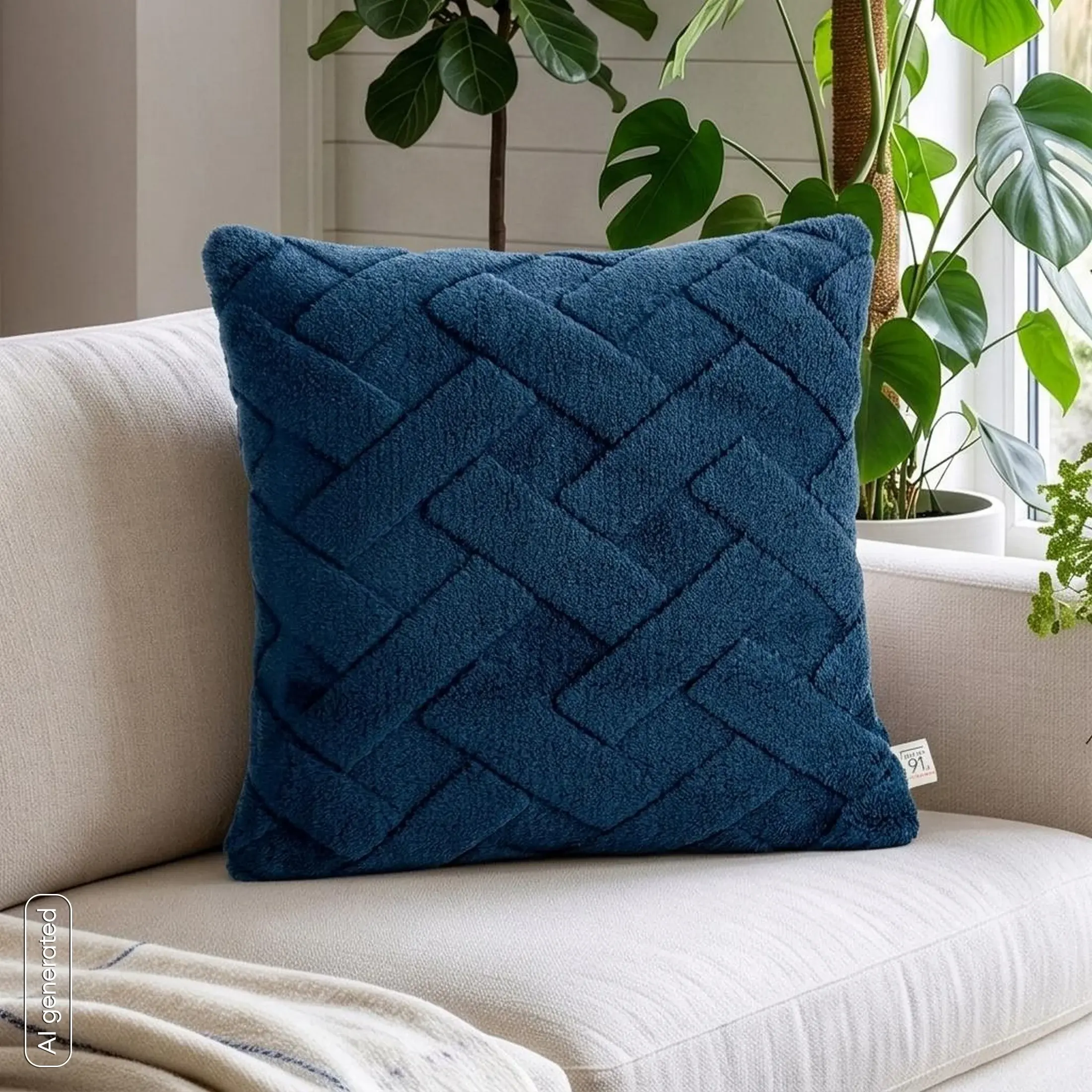 Poszewka na poduszkę 45x45 cm granatowa z miękkiego pluszu zdobiona wypukłym wzorem CARO DESIGN 91