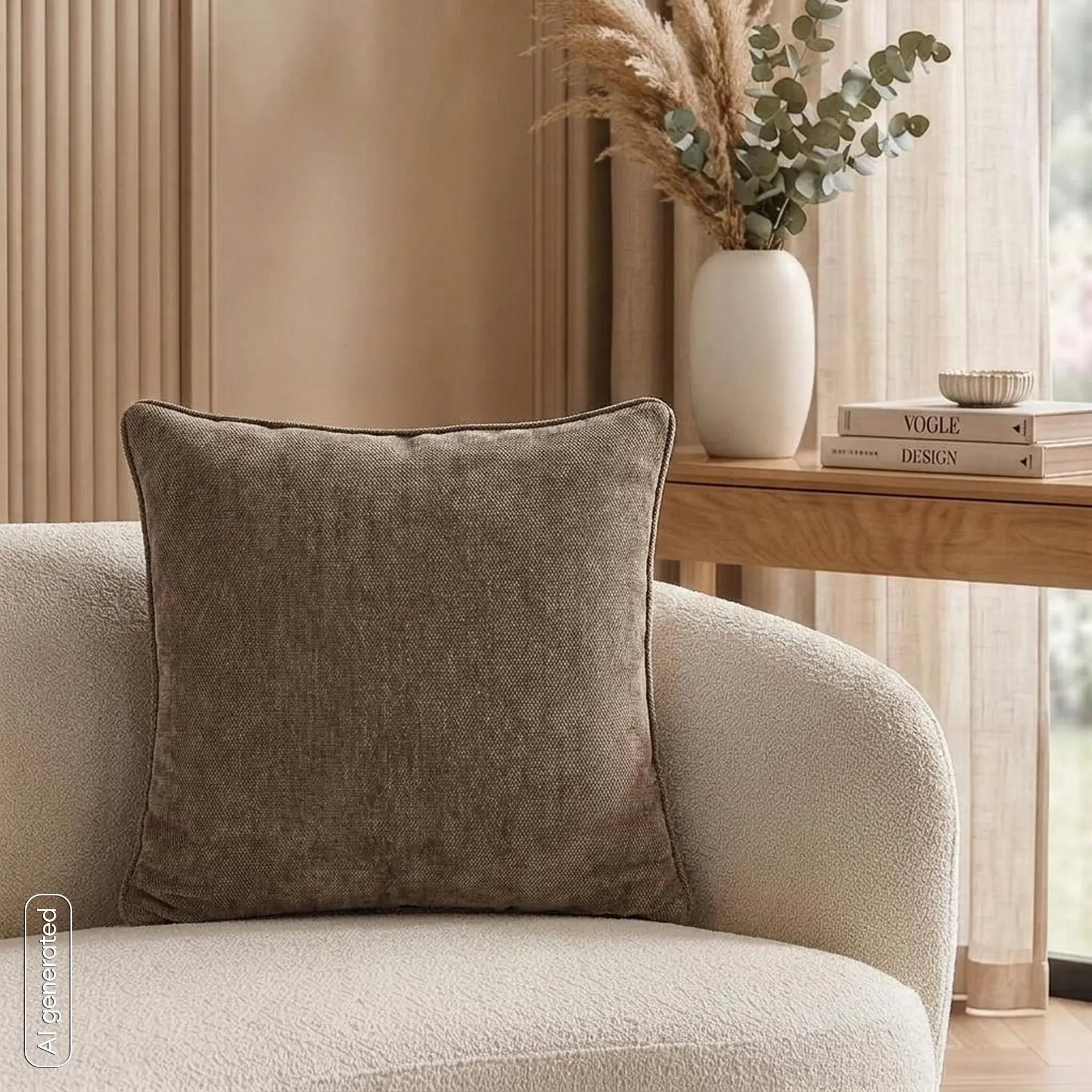 Poszewka na poduszkę 45x45 cm jasnobrązowa z szenilowej tkaniny z elegancką lamówką NESKA