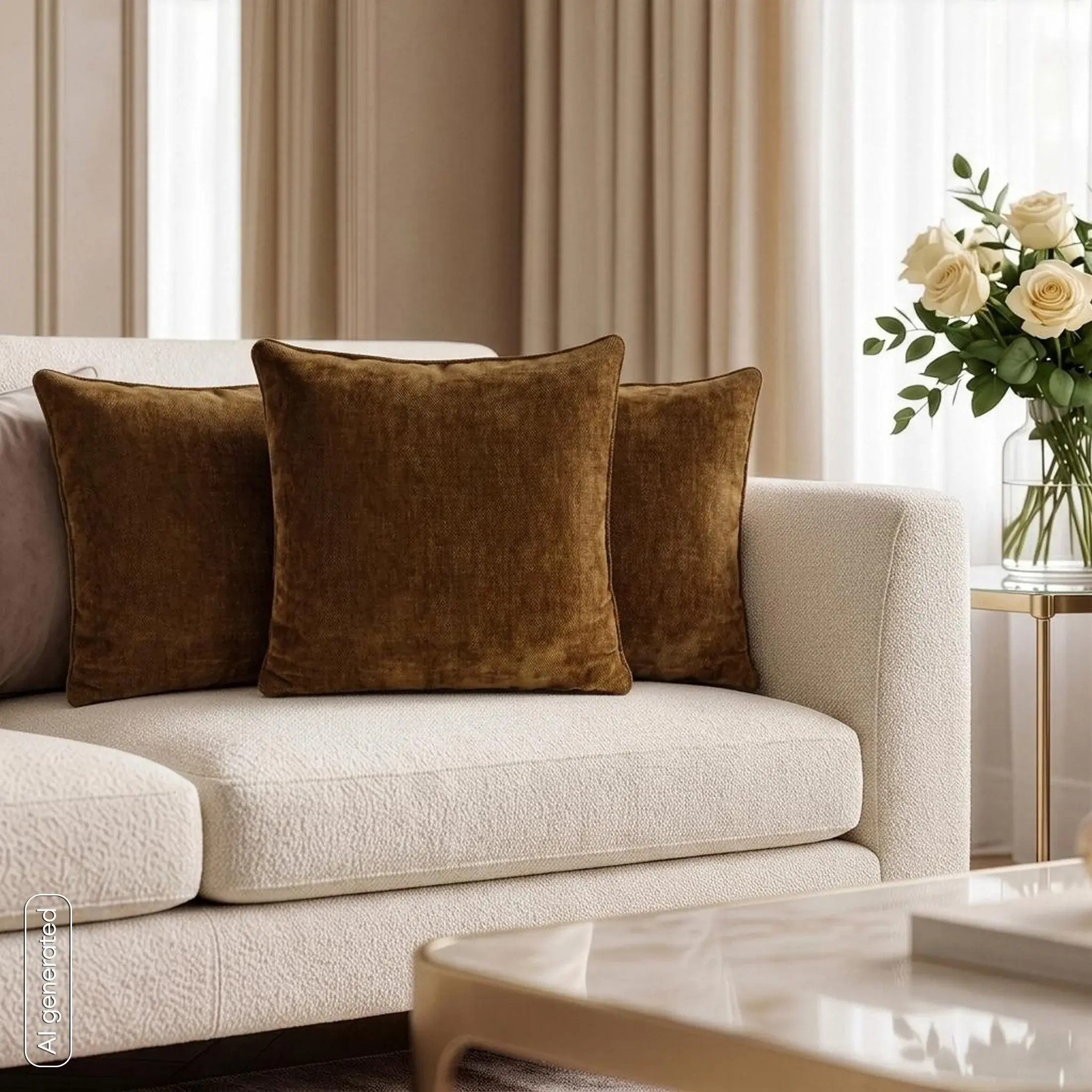 Poszewka na poduszkę 45x45 cm miodowa z szenilowej tkaniny z elegancką lamówką NESKA