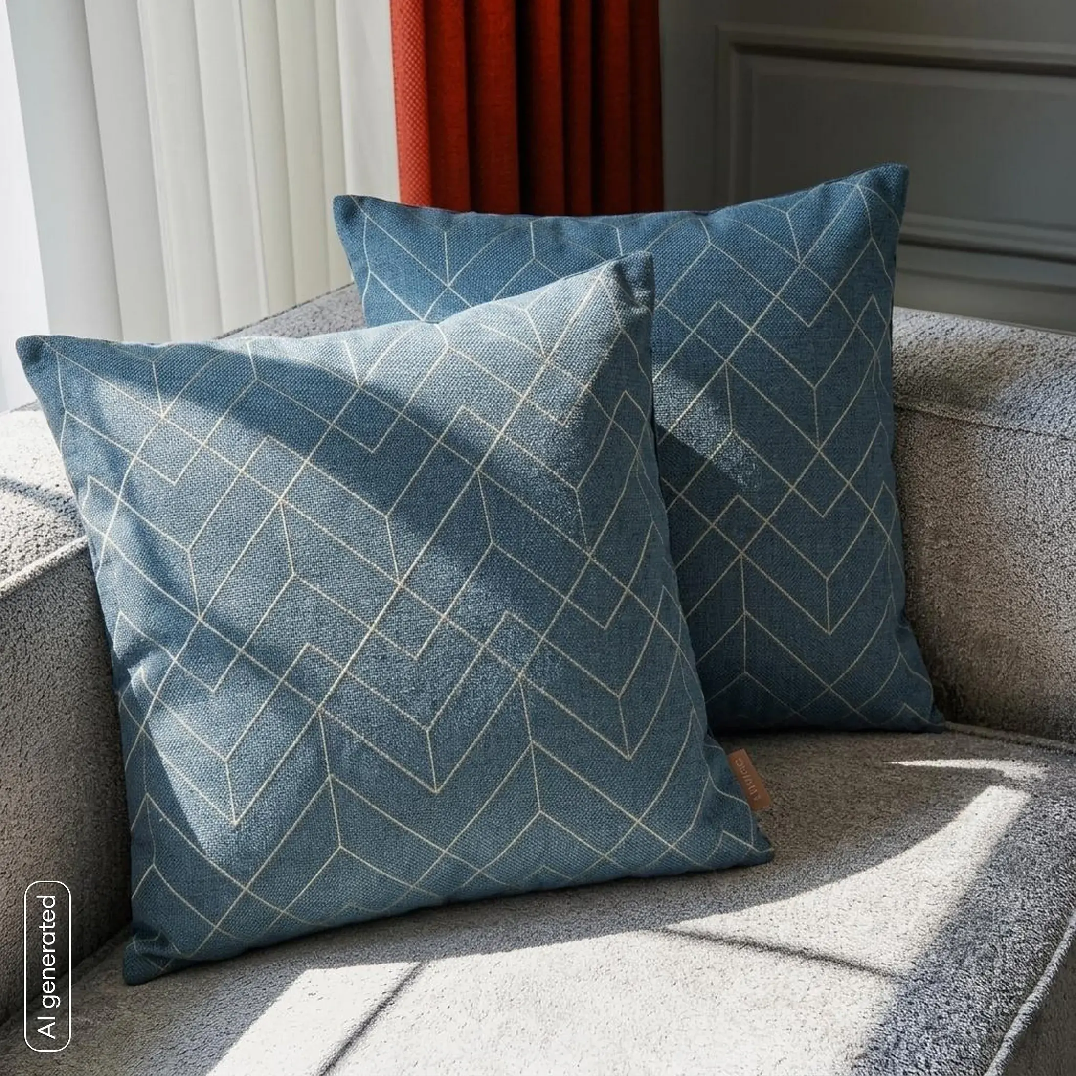 Poszewka na poduszkę 45x45 cm niebieska z srebrnym geometrycznym haftem MILA