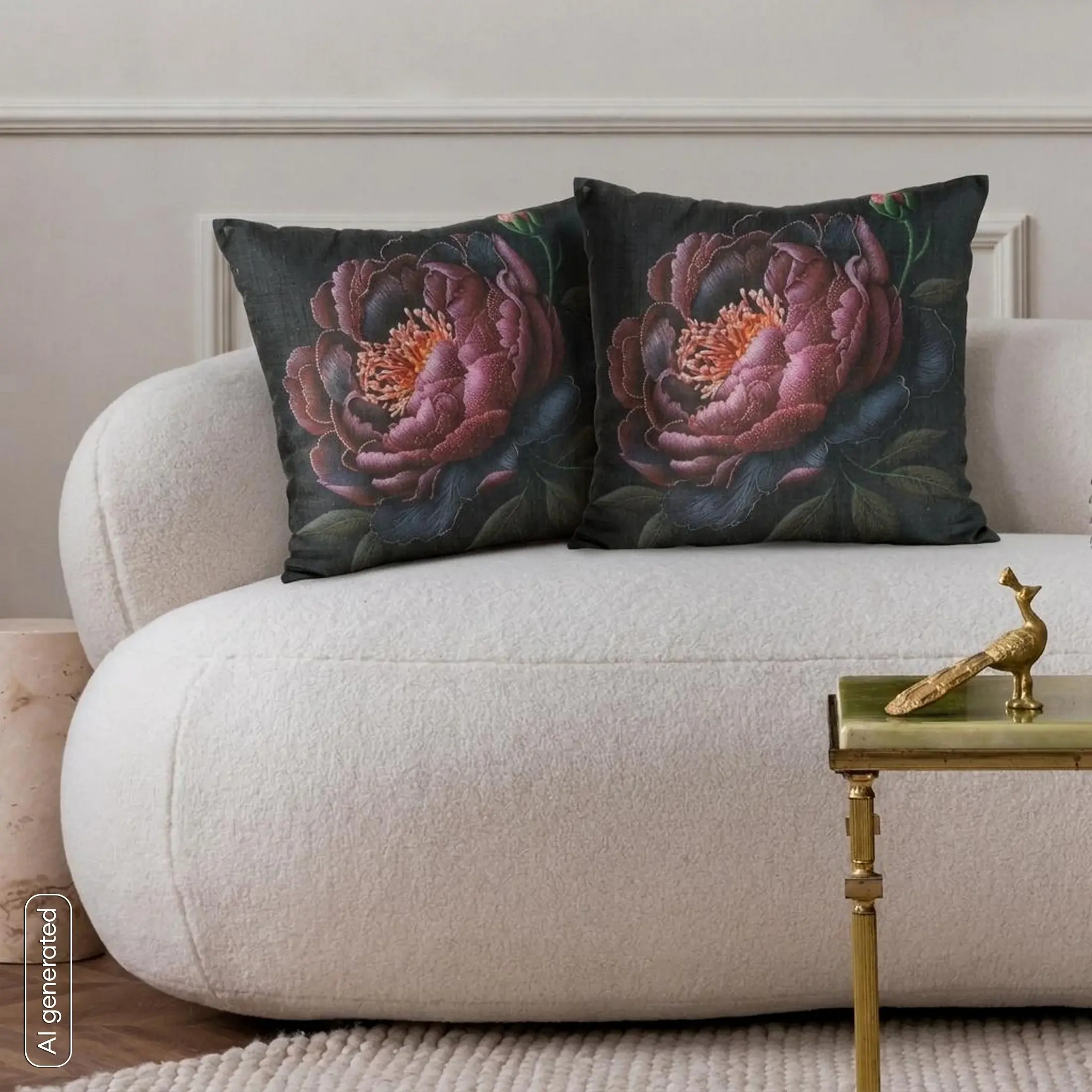 Poszewka na poduszkę 45x45 cm o strukturze lnu z nadrukiem subtelnych kwiatów czarno, różowa LEN