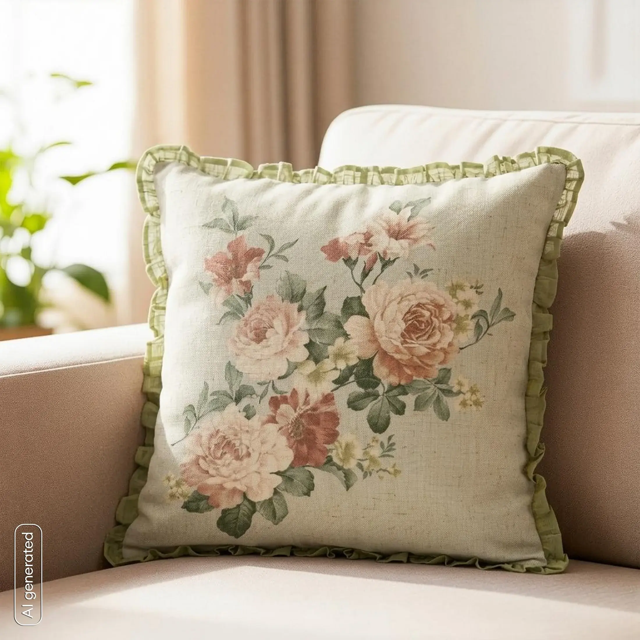 Poszewka na poduszkę 45x45 cm oliwkowo-kremowa z motywem róż oraz falbanka na brzegach FIORE2