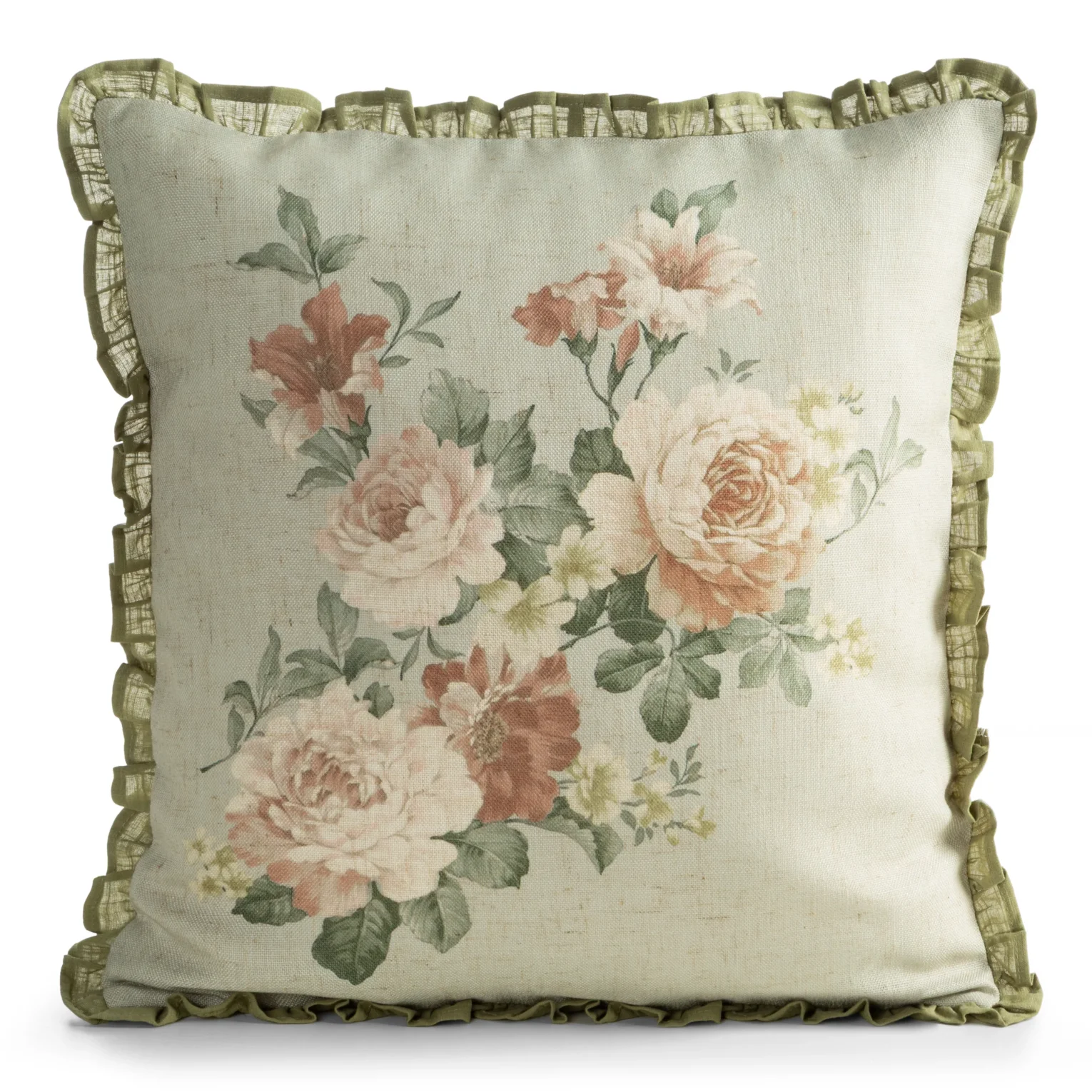 Poszewka na poduszkę 45x45 cm oliwkowo-kremowa z motywem róż oraz falbanka na brzegach FIORE2