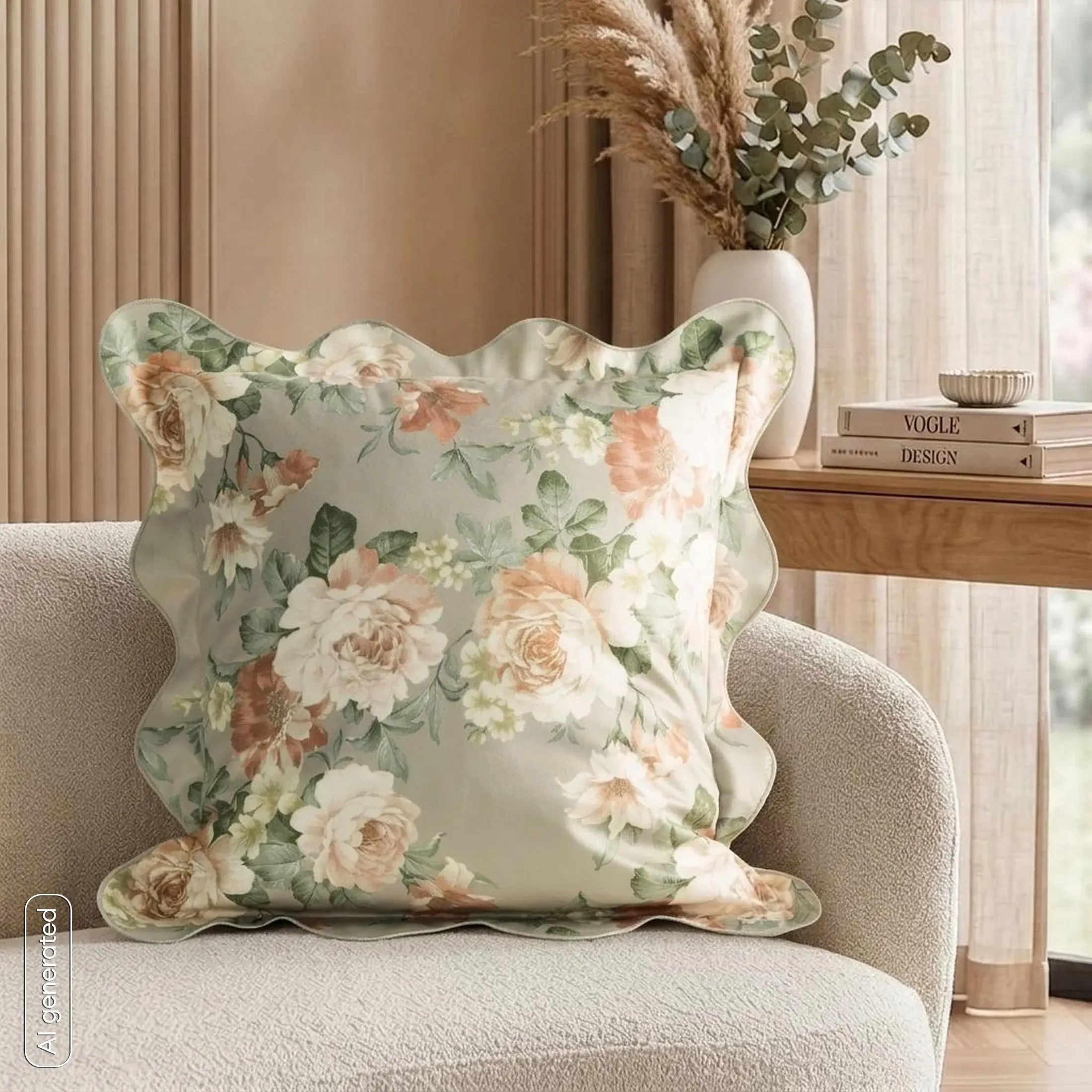 Poszewka na poduszkę 45x45 cm oliwkowo-kremowa z welwetu zdobiona motywem roślinnnym z falbanką FIORE1