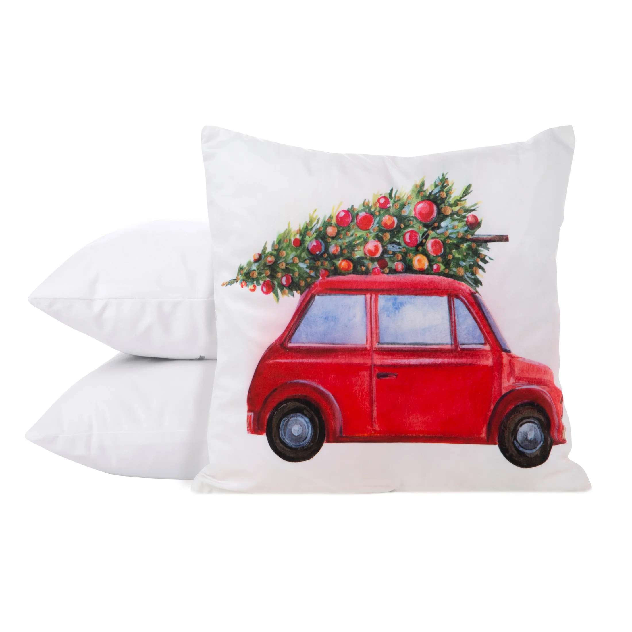 Poszewka na poduszkę 45x45 cm świąteczna biało czerwona z motywem samochodu z choinką JINGLE 35