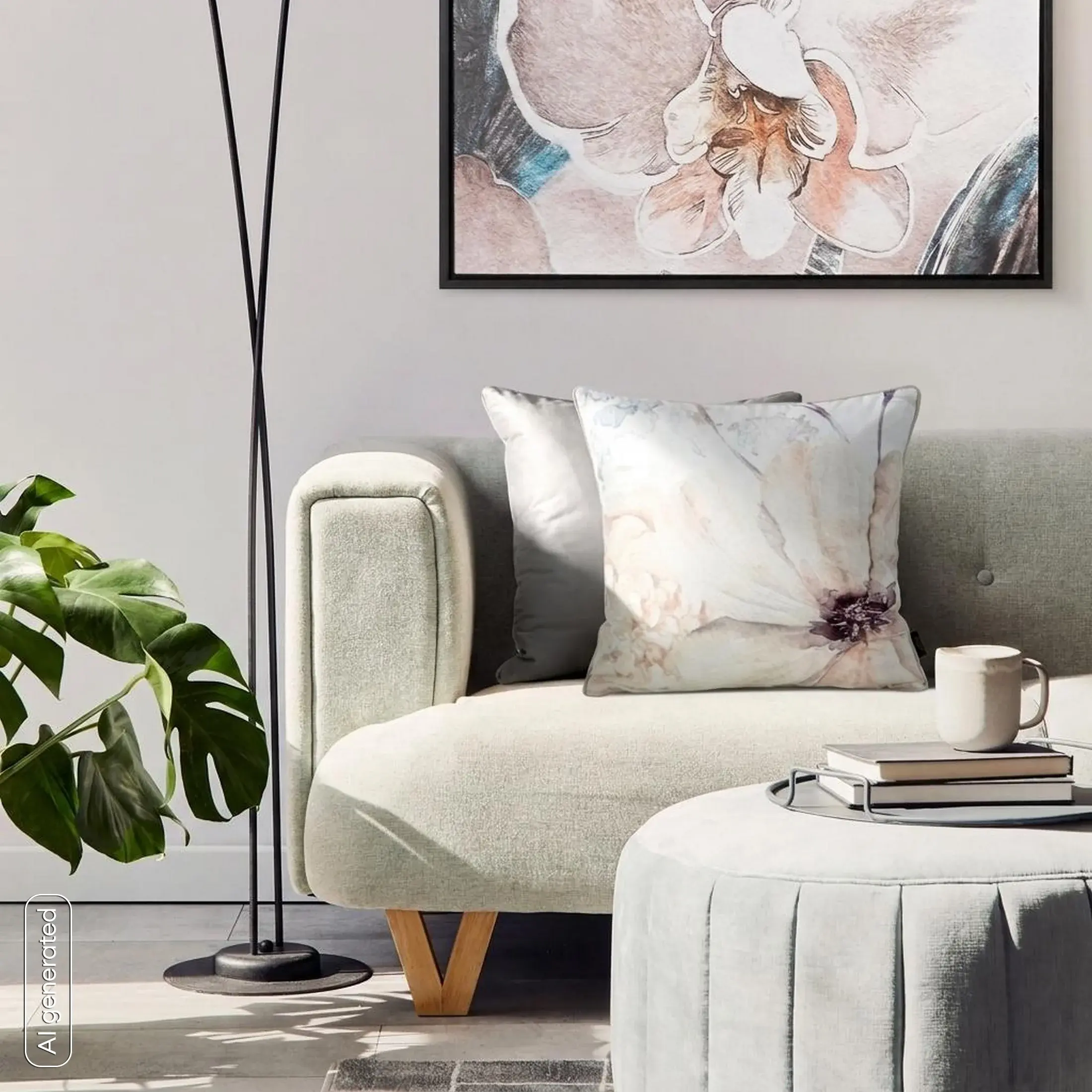Poszewka na poduszkę 45x45 cm welwetowa, beżowo kremowa, dwustronna z motywem kwiatów VELVET 128 Eurofirany Premium