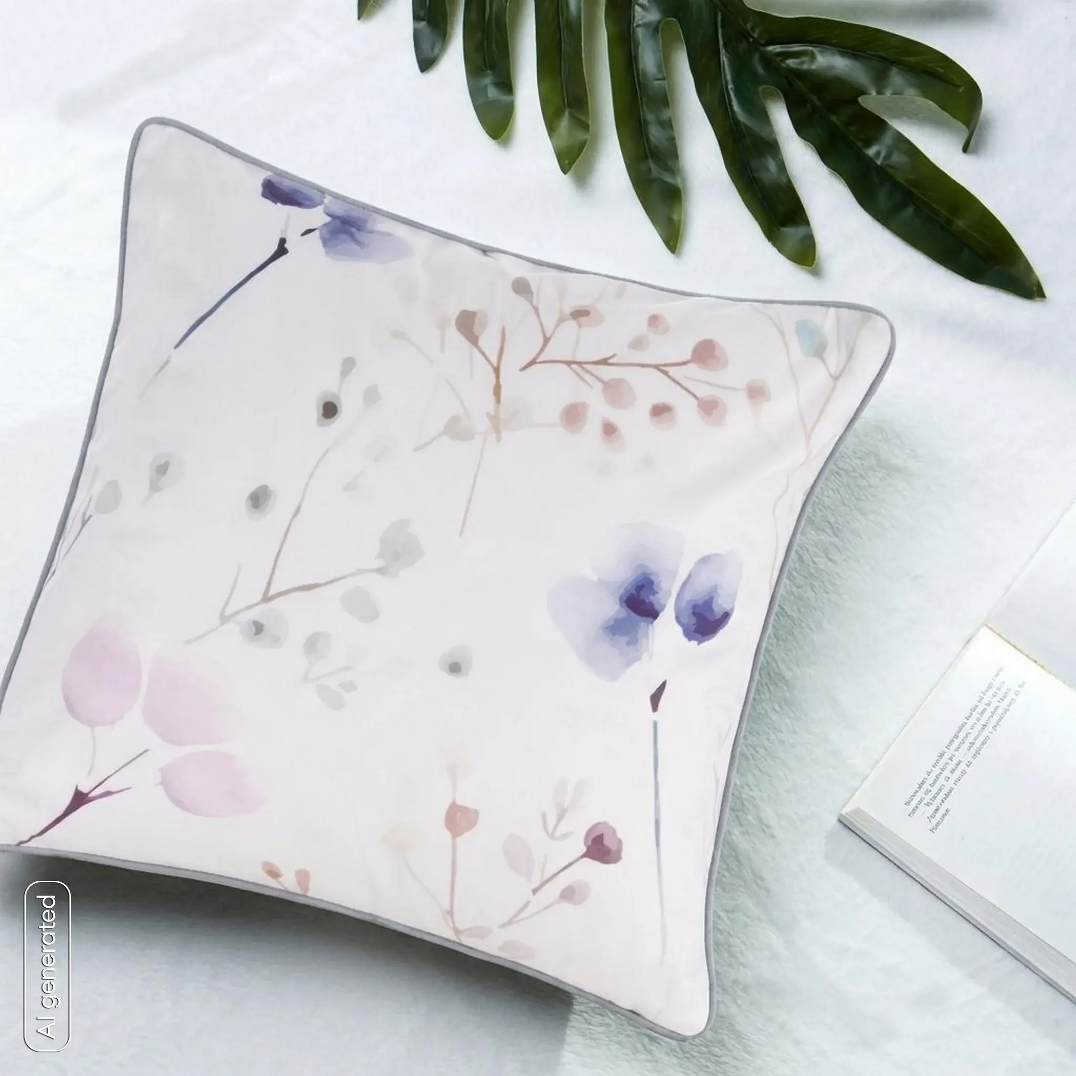 Poszewka na poduszkę 45x45 cm welwetowa, biało beżowa z nadrukiem pastelowych kwiatów i VELVET 150 Eurofirany Premium