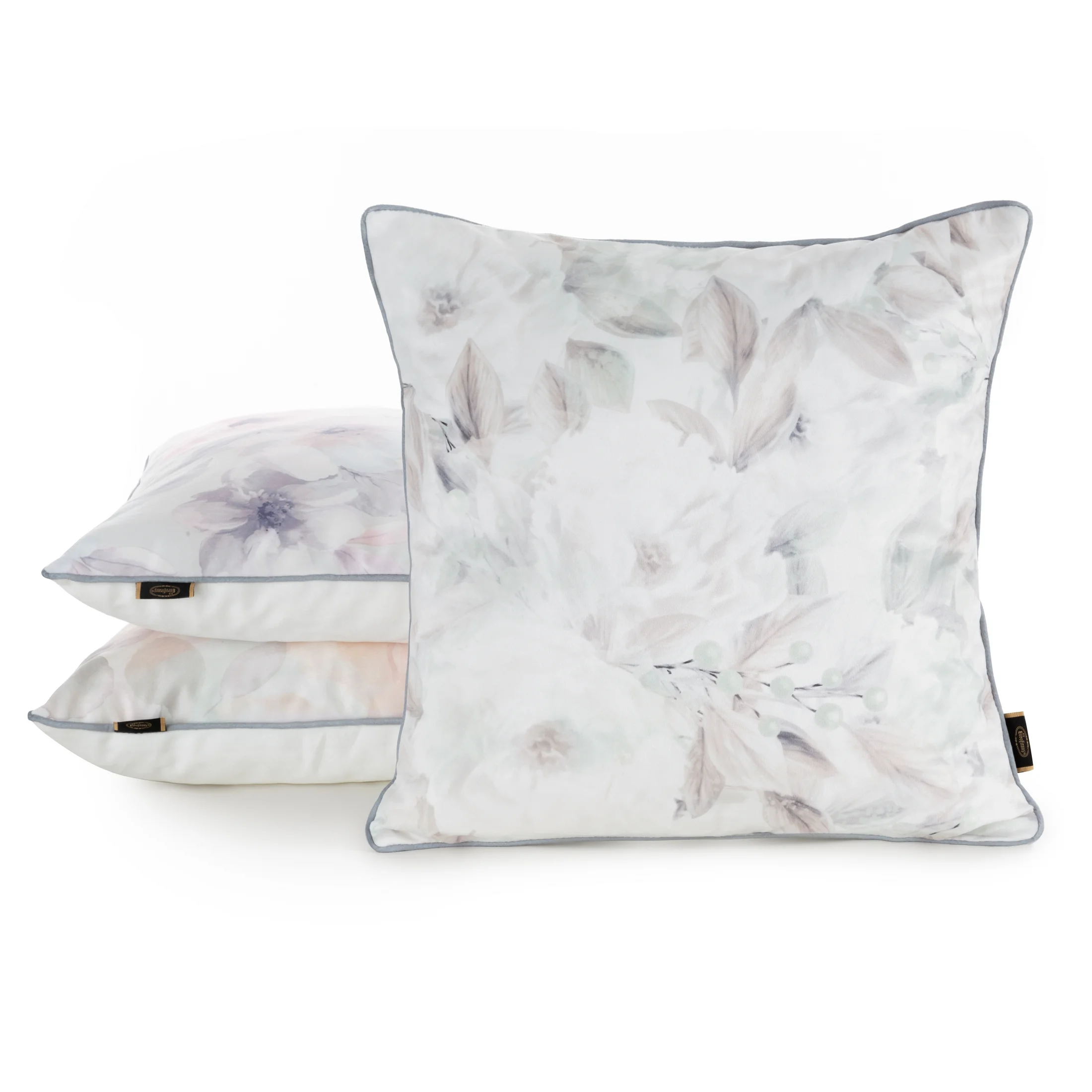 Poszewka na poduszkę 45x45 cm welwetowa, biało beżowa z nadrukiem pastelowych kwiatów VELVET 155 Eurofirany Premium