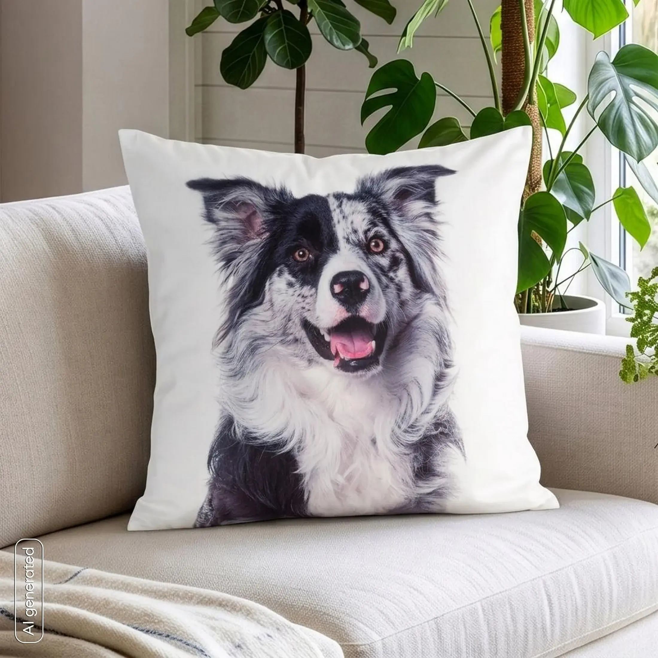 Poszewka na poduszkę 45x45 cm welwetowa biało, czarna zdobiona nadrukiem psa ANIMAL
