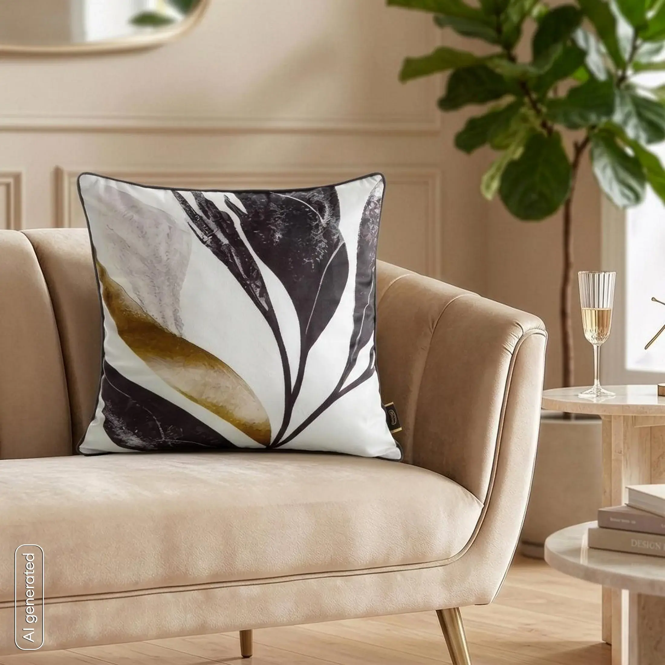 Poszewka na poduszkę 45x45 cm welwetowa, biało czarna zdobiona nadrukiem roślinnym VELVET 167 Eurofirany Premium