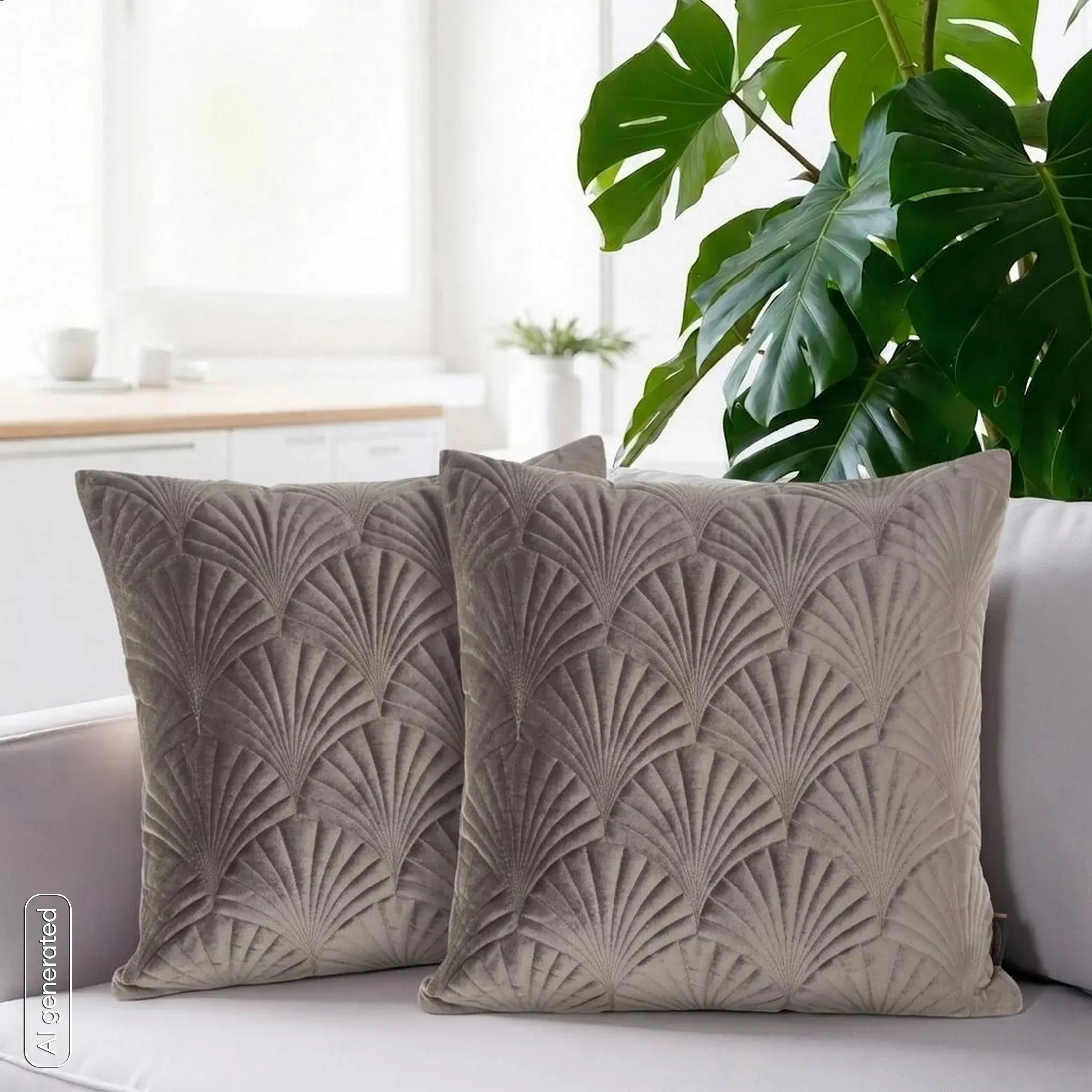 Poszewka na poduszkę 45x45 cm welwetowa, ciemnobeżowa pikowana, wzór w stylu art deco RIA 2 Eurofirany Premium