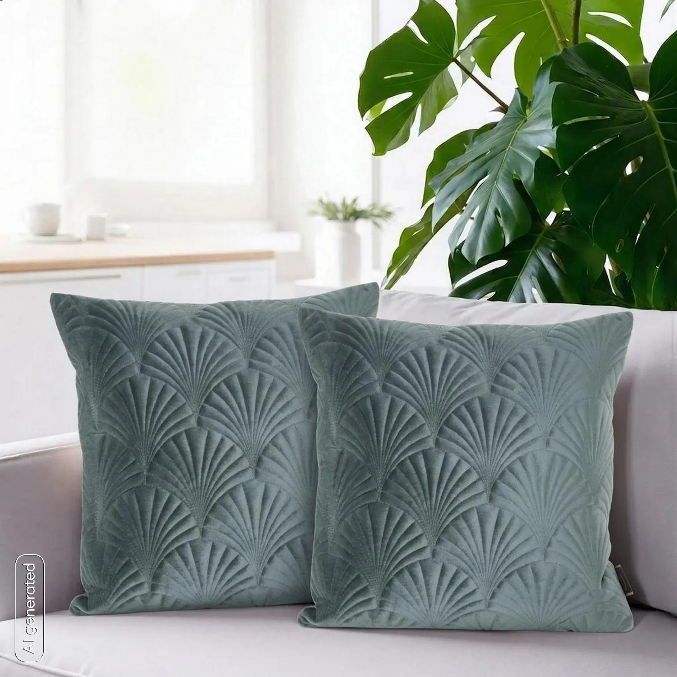 Poszewka na poduszkę 45x45 cm welwetowa, ciemnomiętowa pikowana, wzór w stylu art deco RIA 2 Eurofirany Premium