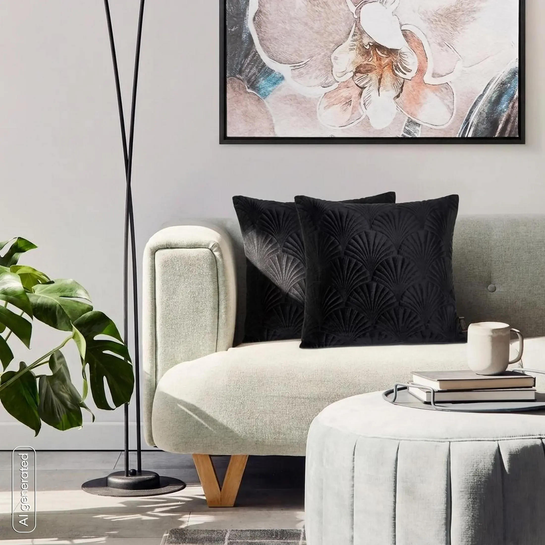 Poszewka na poduszkę 45x45 cm welwetowa, czarna pikowana, wzór w stylu art deco RIA 2 Eurofirany Premium