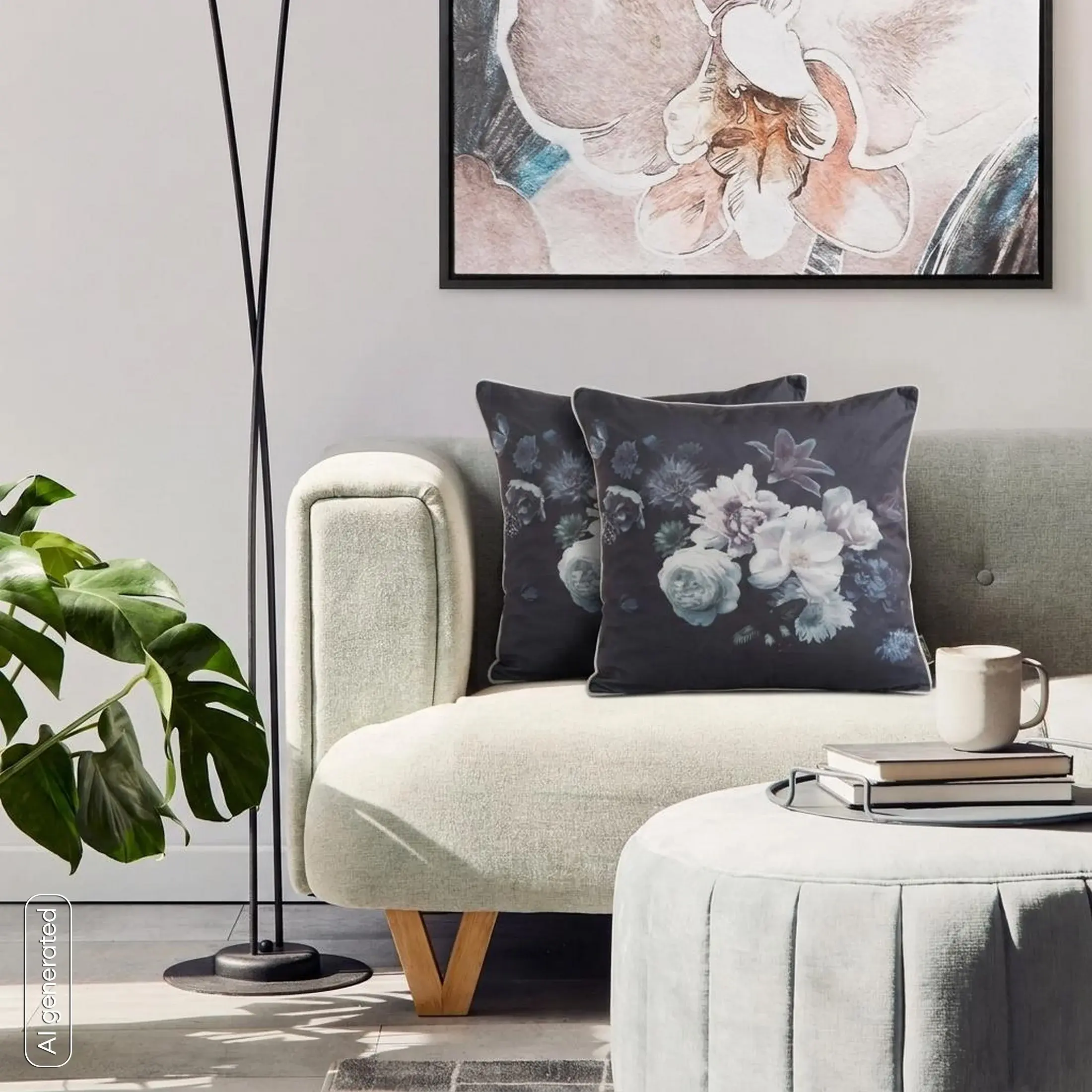 Poszewka na poduszkę 45x45 cm welwetowa, czarno fioletowa, dwustronna z motywem kwiatów VELVET 133 Eurofirany Premium