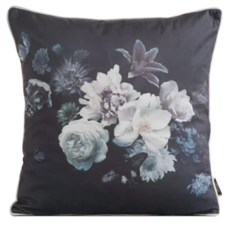 Poszewka na poduszkę 45x45 cm welwetowa, czarno fioletowa, dwustronna z motywem kwiatów VELVET 133 Eurofirany Premium