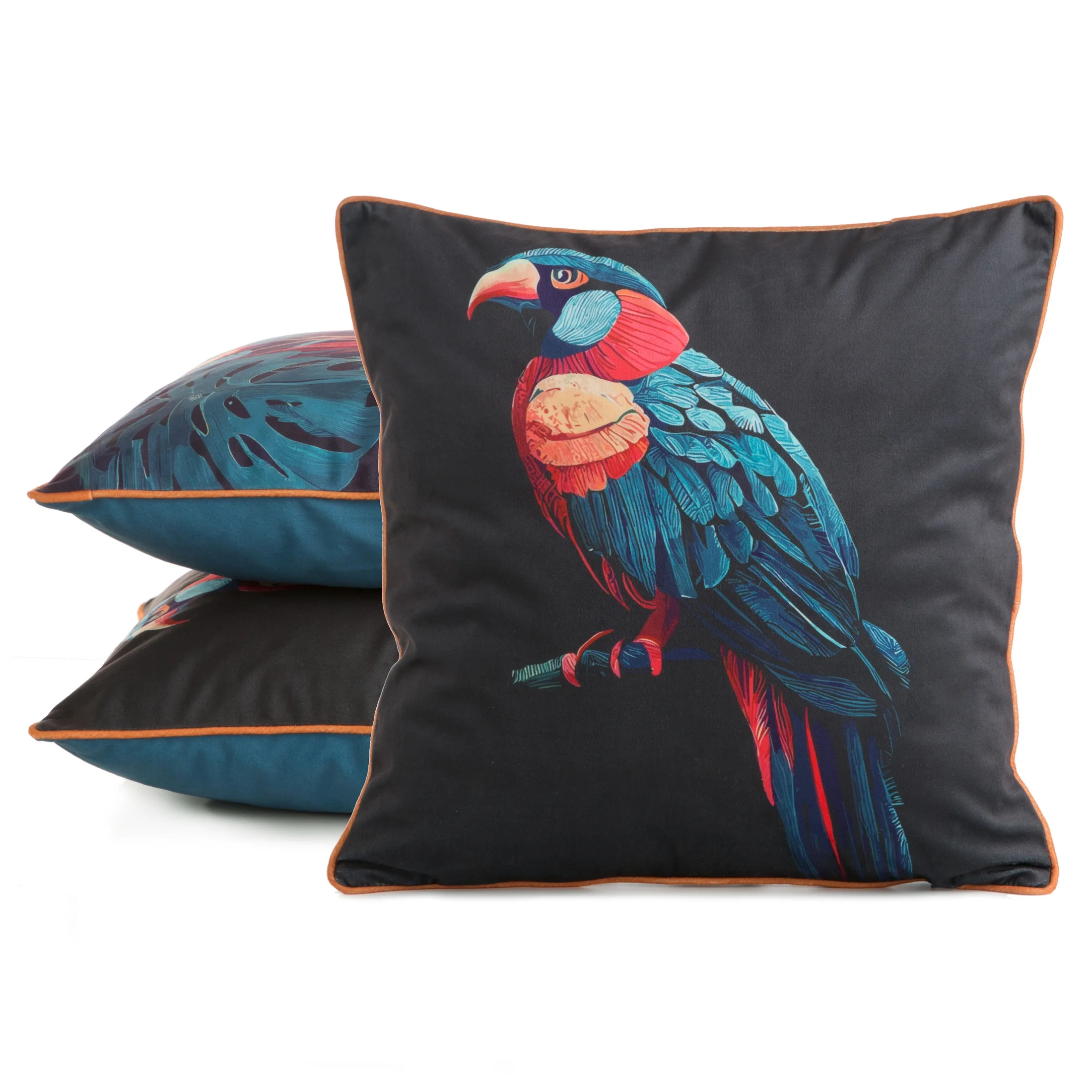 Poszewka na poduszkę 45x45 cm welwetowa, czarno niebieska, dwustronna z motywem papugi VELEVT 136 Eurofirany Premium