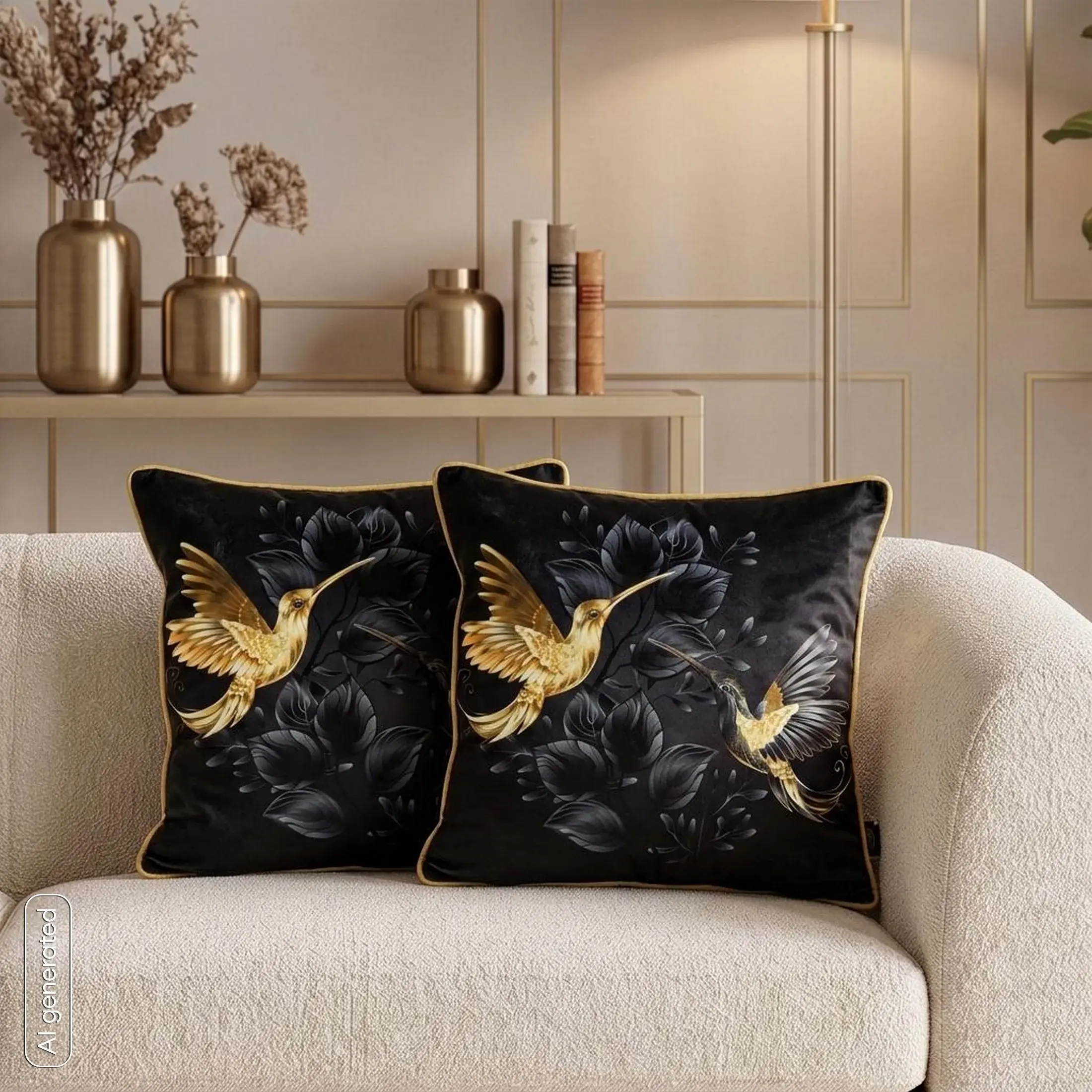 Poszewka na poduszkę 45x45 cm welwetowa, czarno złota z motywem kolibra VELVET 117