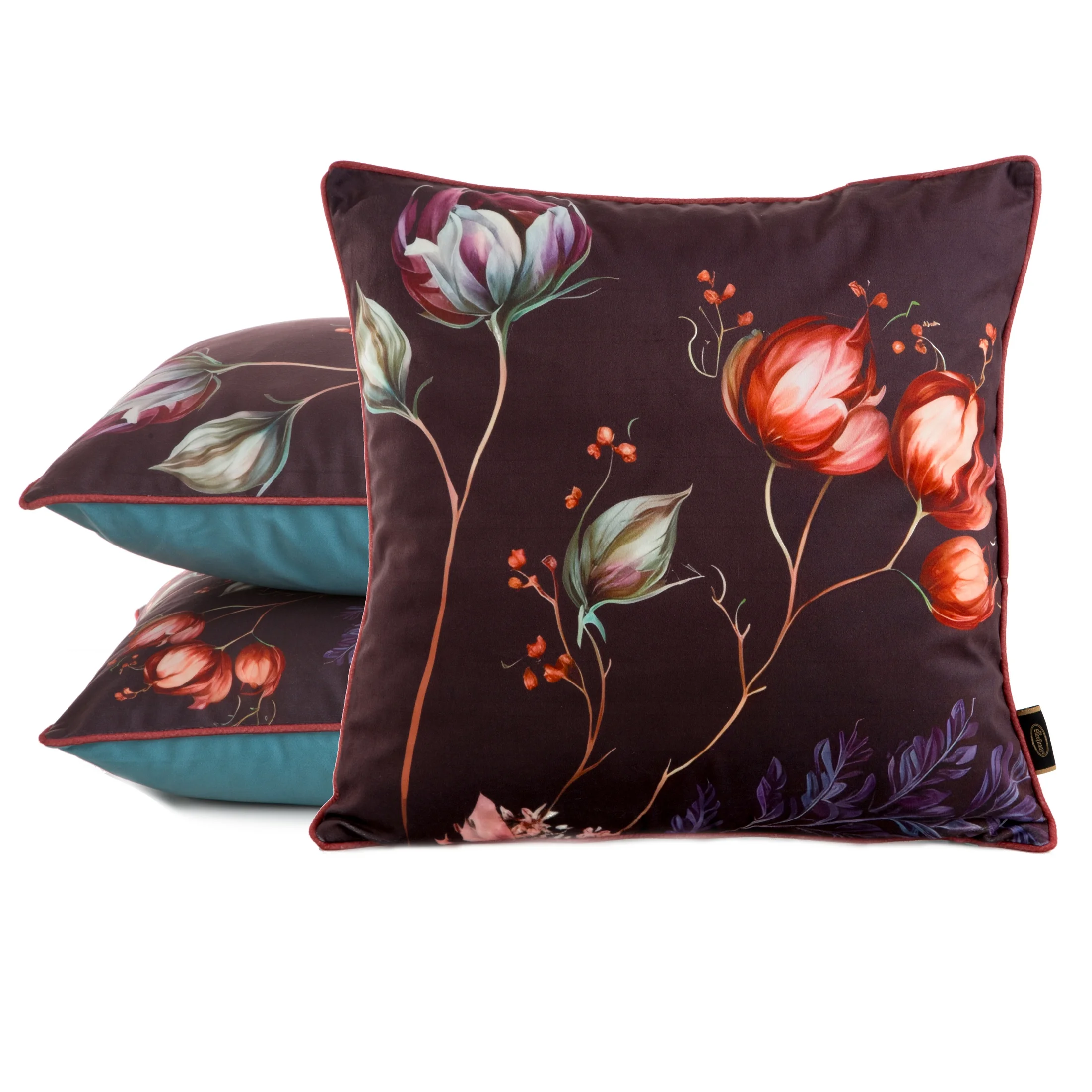 Poszewka na poduszkę 45x45 cm welwetowa, kolor ceglasty, turkusowy, dwustronna z motywem kwiatów VELVET 129 Eurofirany Premium