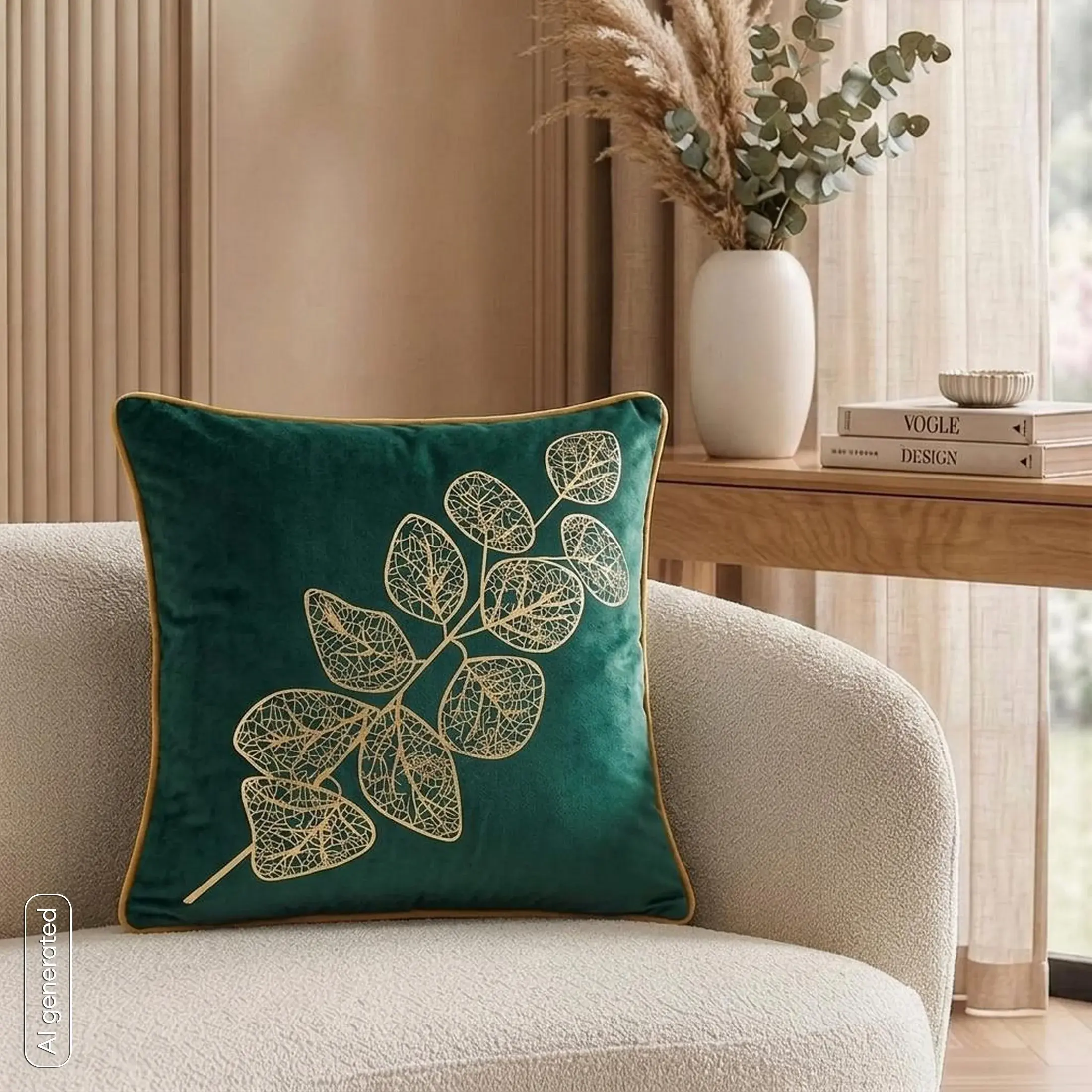 Poszewka na poduszkę 45x45 cm welwetowa kolor ciemnozielony ze złotym nadrukiem oraz ozdobną wypustką POPLA