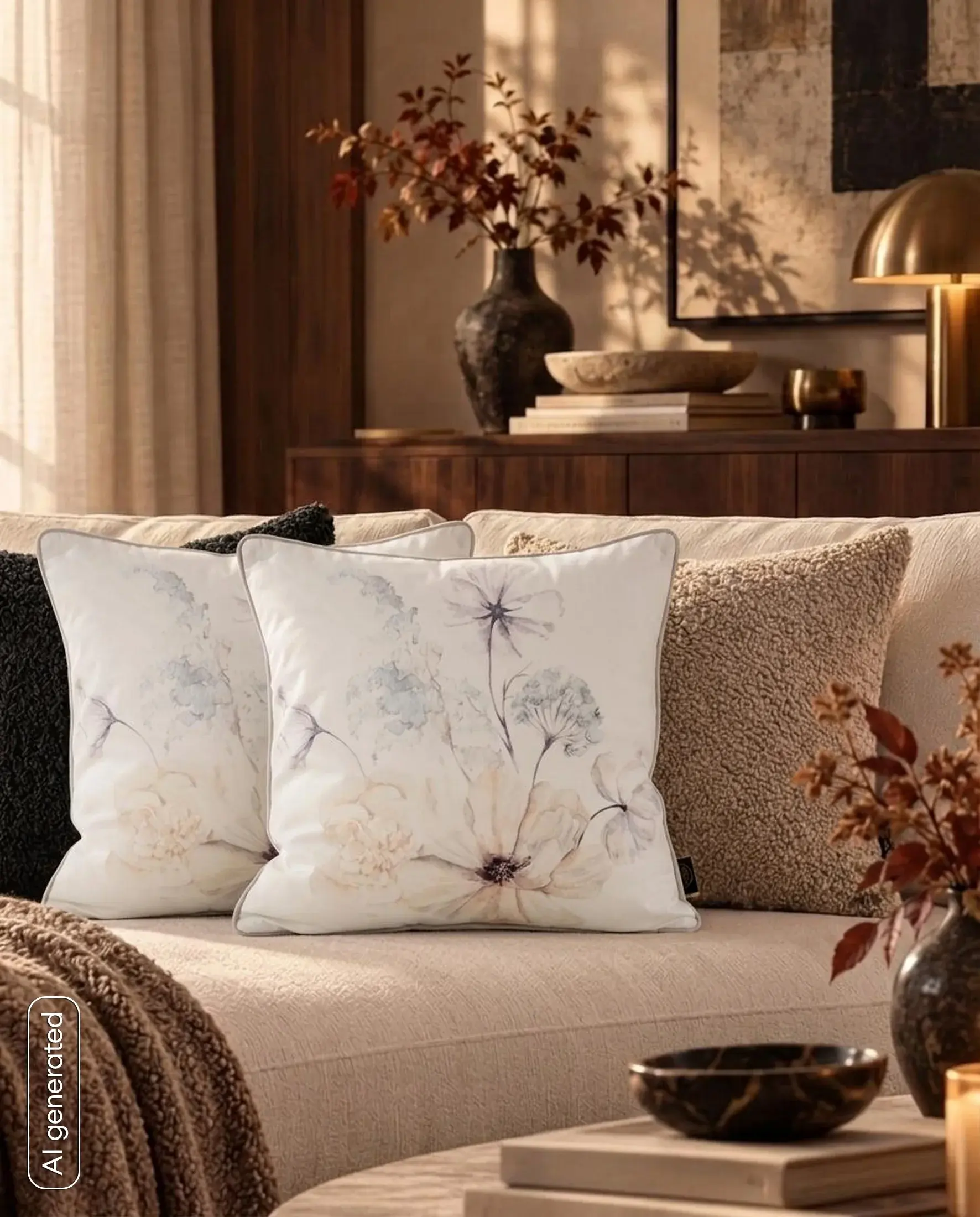 Poszewka na poduszkę 45x45 cm welwetowa, kremowo beżowa, dwustronna z motywem kwiatów VELVET 127 Eurofirany Premium