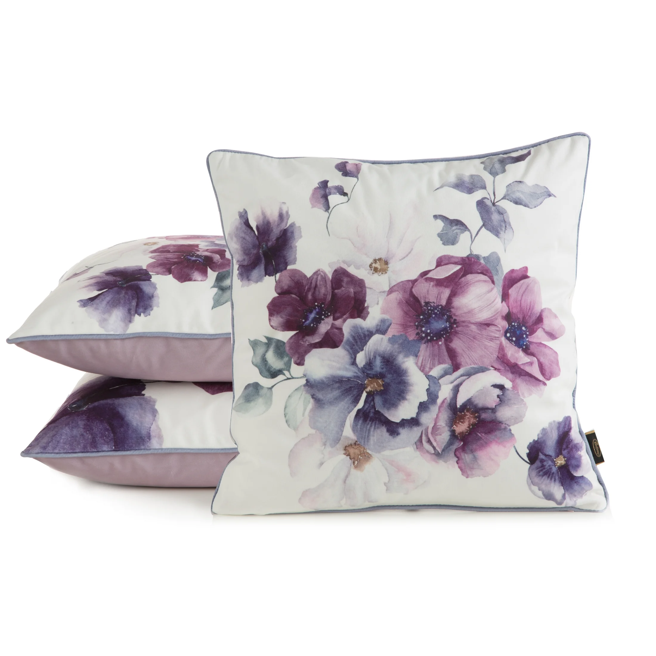 Poszewka na poduszkę 45x45 cm welwetowa, kremowo niebieska, dwustronna z motywem kwiatów VELVET 122 Eurofirany Premium