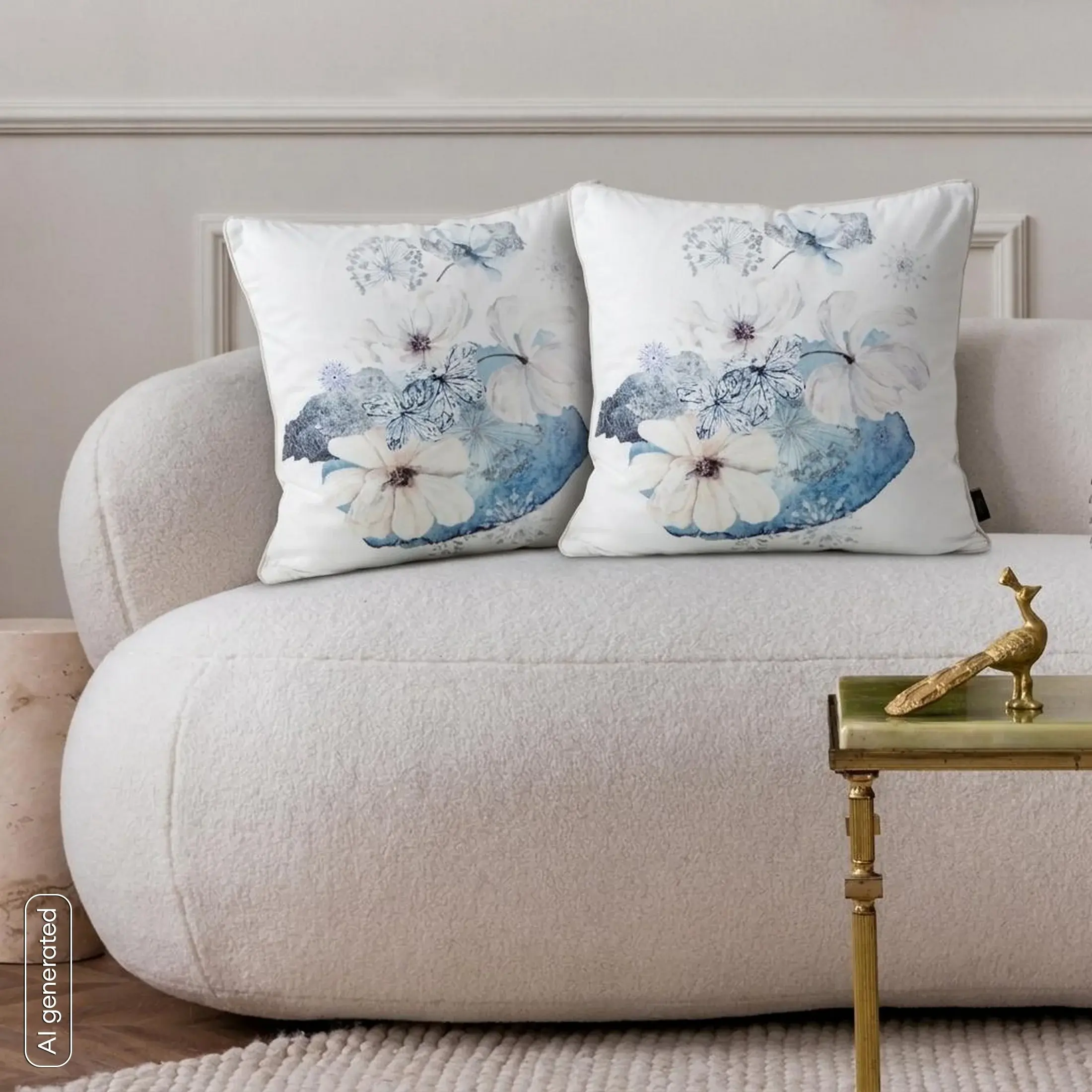 Poszewka na poduszkę 45x45 cm welwetowa, kremowo niebieska, dwustronna z motywem kwiatów VELVET 125 Eurofirany Premium