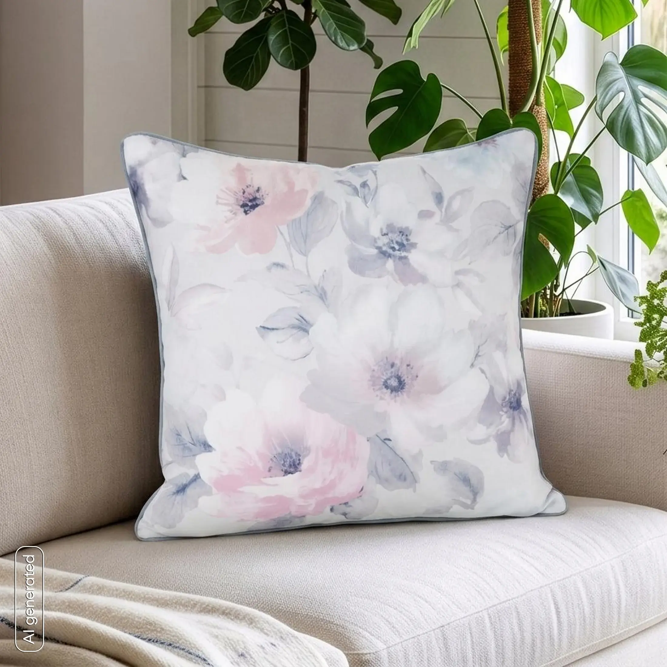 Poszewka na poduszkę 45x45 cm welwetowa kremowo, różowa z nadrukiem pastelowych kwiatów VELVET 153 Eurofirany Premium