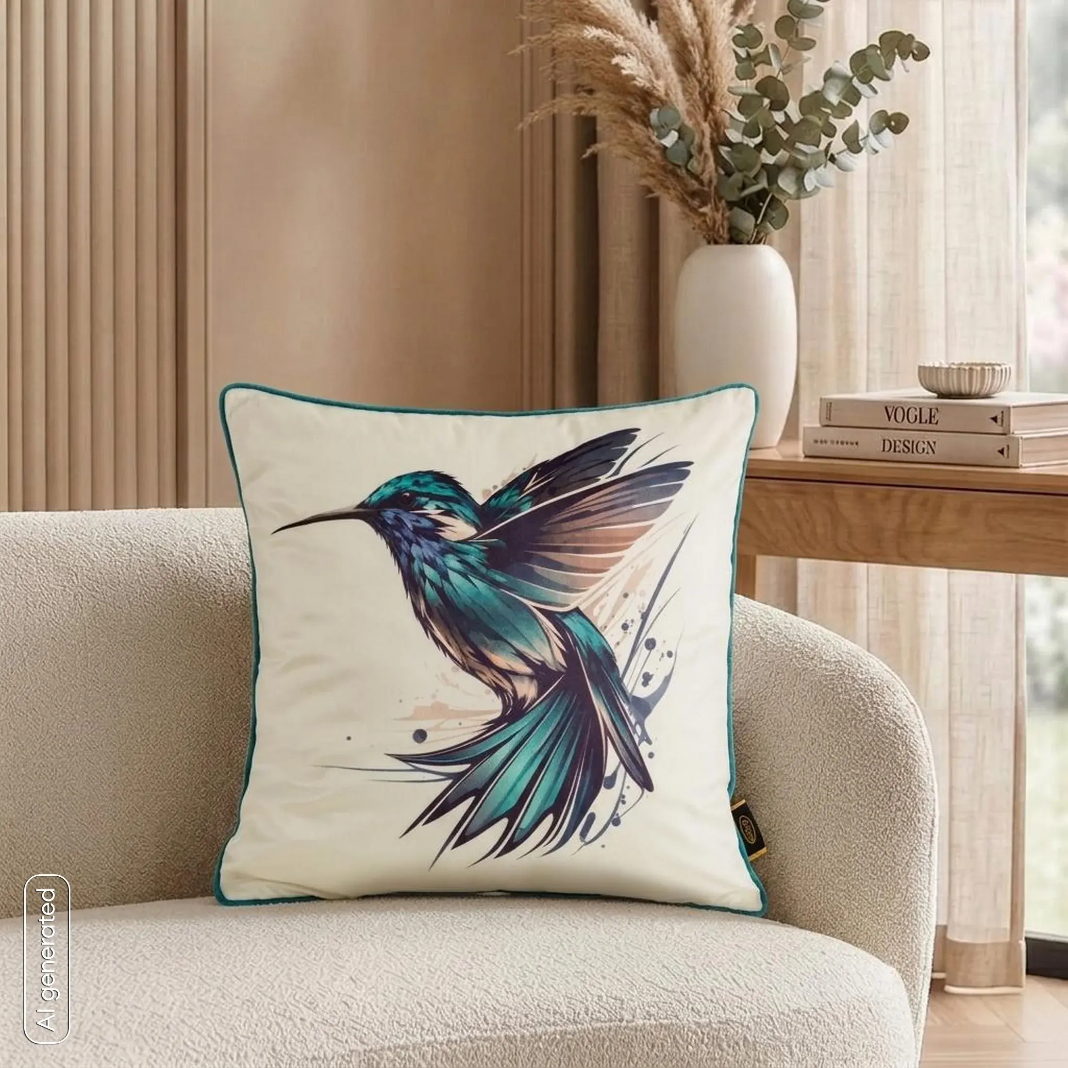 Poszewka na poduszkę 45x45 cm welwetowa, kremowo turkusowa, dwustronna z motywem koliberka VELVET 140 Eurofirany Premium