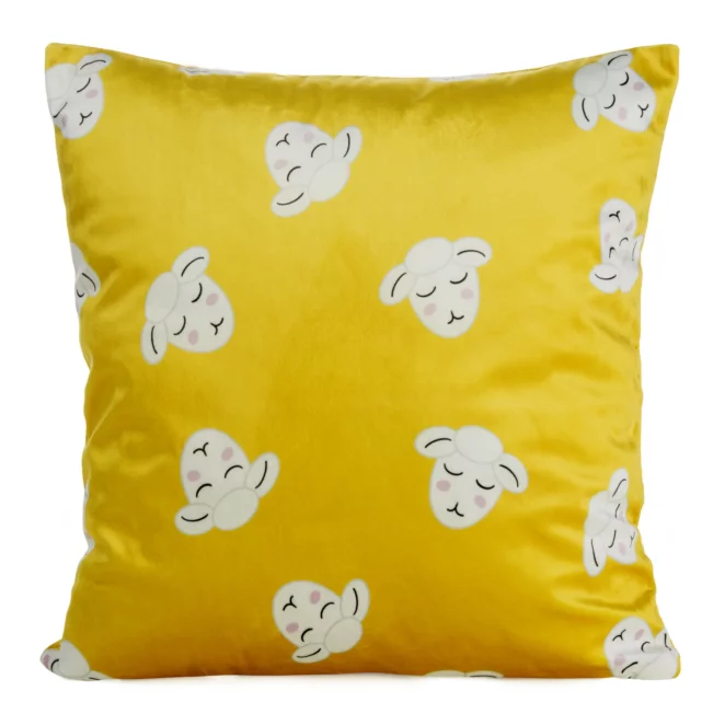 Poszewka na poduszkę 45x45 cm welwetowa, musztardowo biała z motywem baranków KIDS DESIGN 91