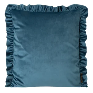 Poszewka na poduszkę 45x45 cm welwetowa, niebieska zdobiona na brzegach falbanami VELVET 25 Eurofirany Premium