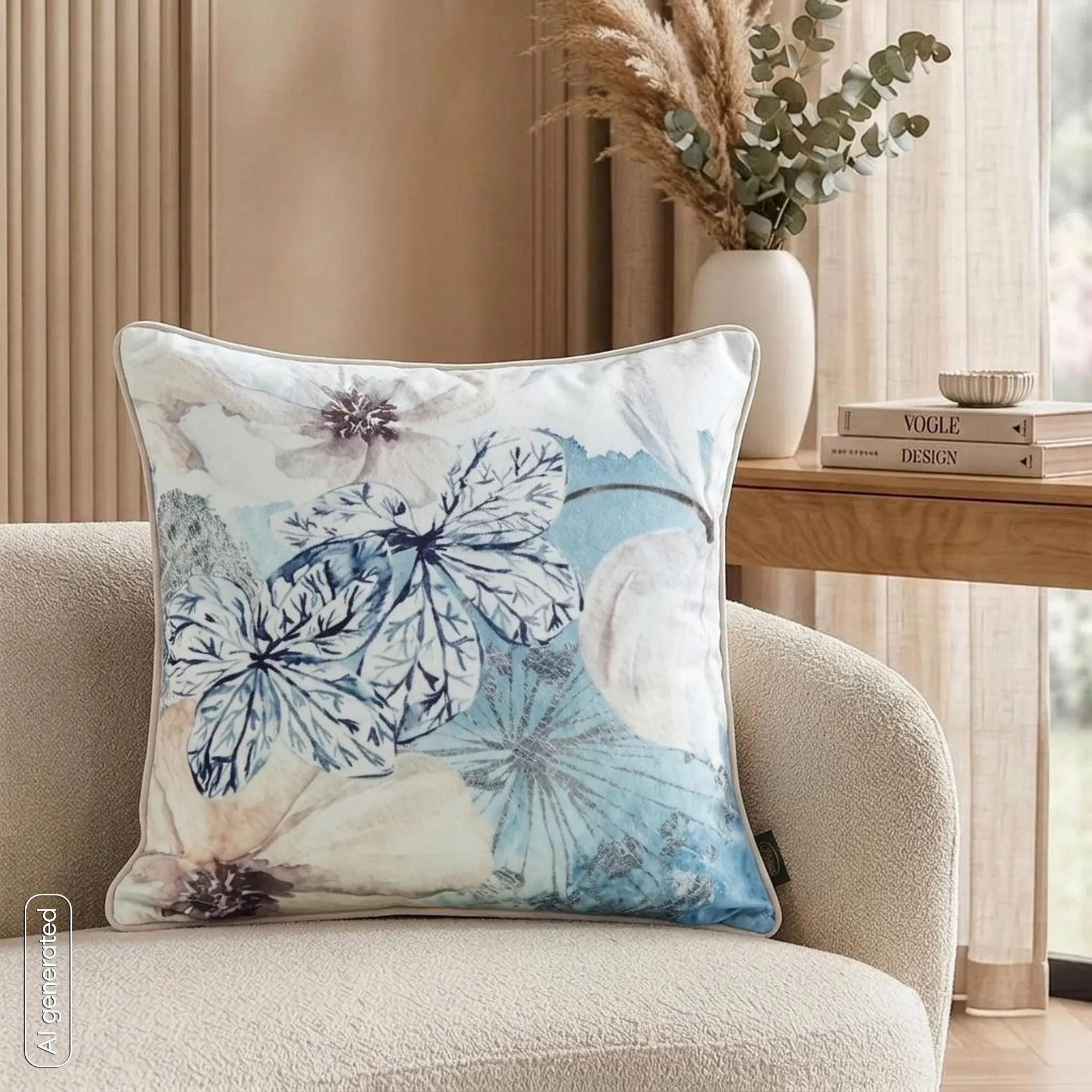 Poszewka na poduszkę 45x45 cm welwetowa, niebiesko beżowa, dwustronna z motywem kwiatów VELVET 126 Eurofirany Premium