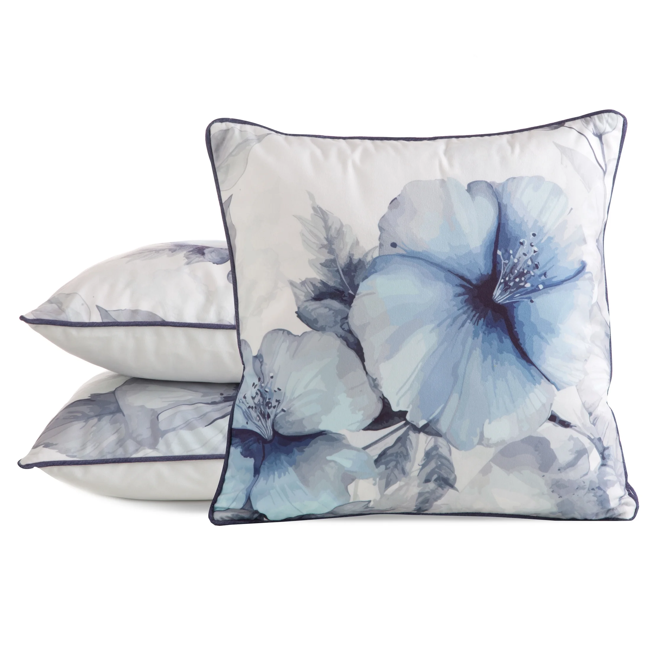 Poszewka na poduszkę 45x45 cm welwetowa, niebisko kremowa, dwustronna z motywem kwiatów VELVET 141 Eurofirany Premium