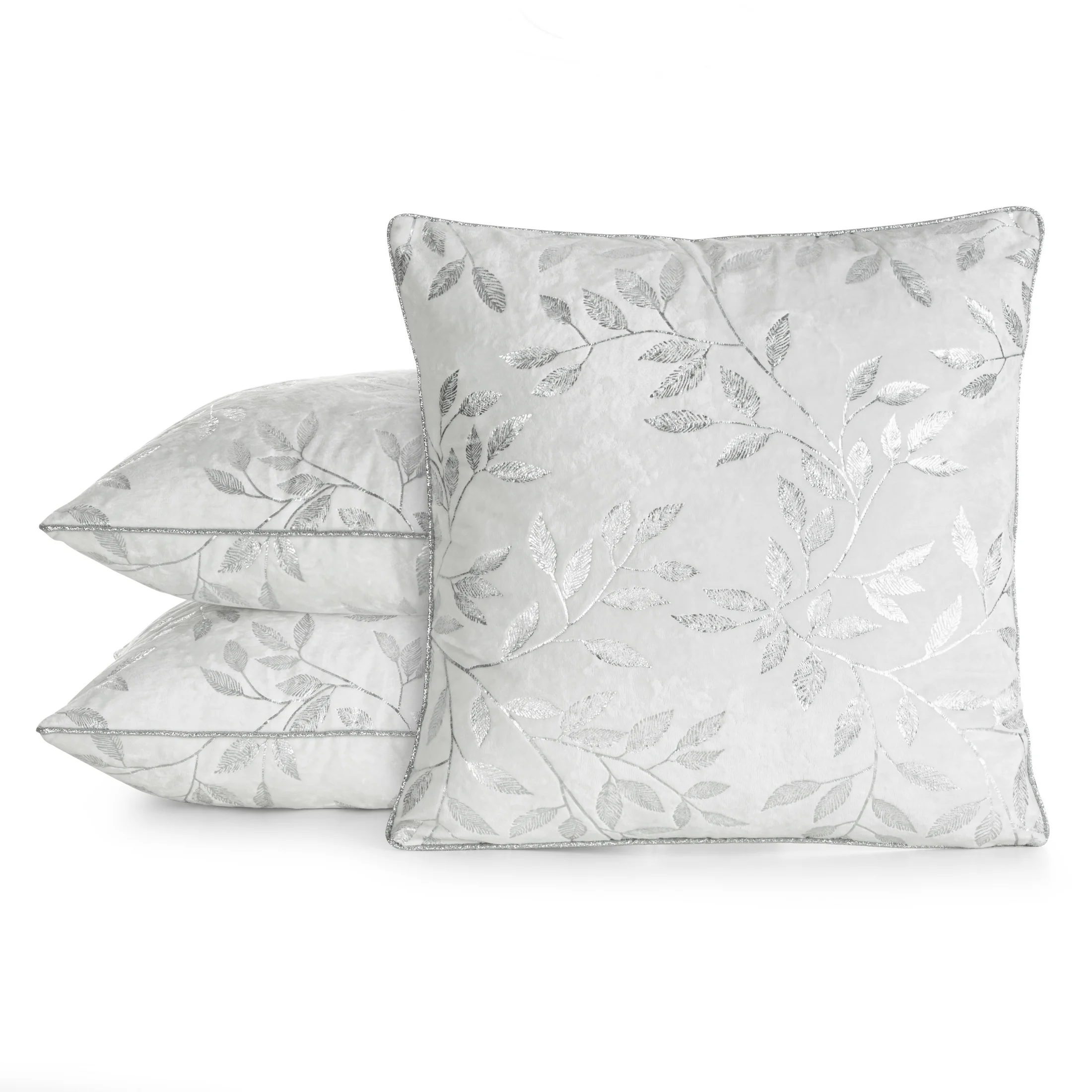 Poszewka na poduszkę 45x45 cm welwetowa pudrowo kremowa z metalicznym nadrukiem liści VELVET 71 Eurofirany Premium