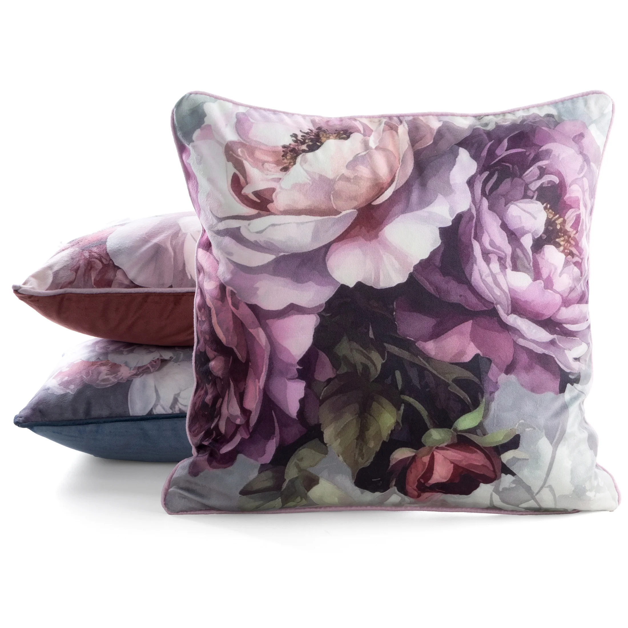 Poszewka na poduszkę 45x45 cm welwetowa różowo, fioletowa z roślinnym nadrukiem VELVET 212
