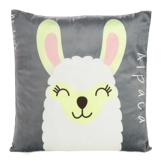 Poszewka na poduszkę 45x45 cm welwetowa, stalowo biała z motywem lamy KIDS 2 DESIGN 91