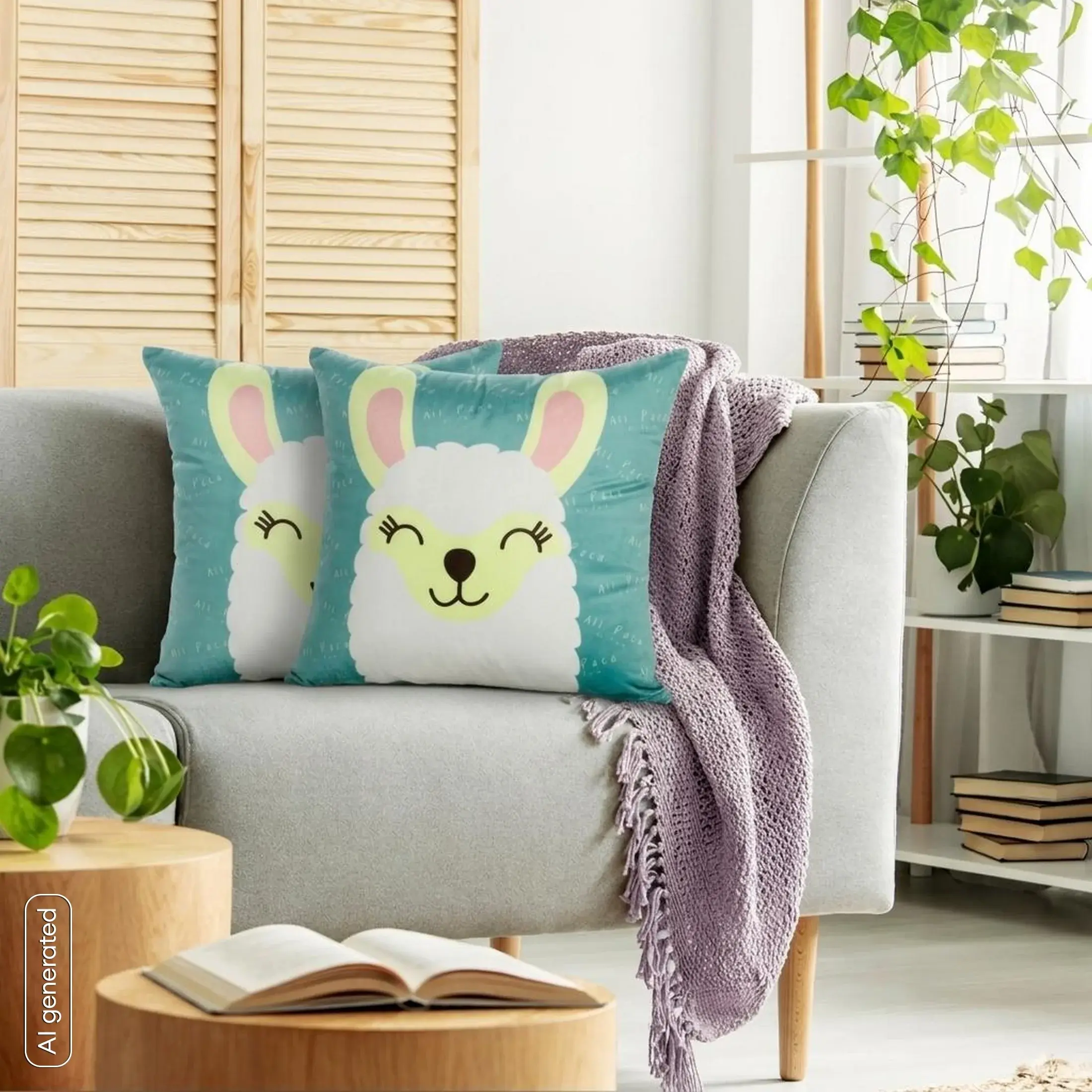 Poszewka na poduszkę 45x45 cm welwetowa turkusowo, biała z motywem lamy KIDS 2 DESIGN 91
