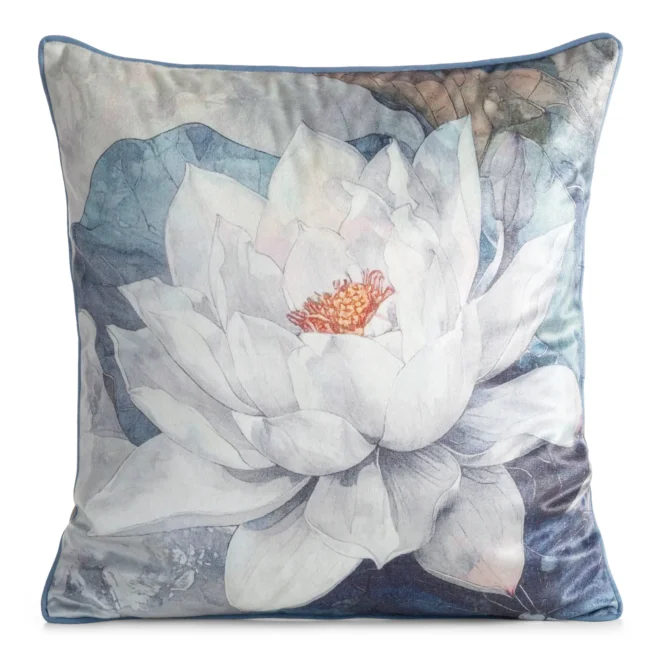 Poszewka na poduszkę 45x45 cm welwetowa zdobiona motywem kwiatów beżowo-niebieska FLOWERS9