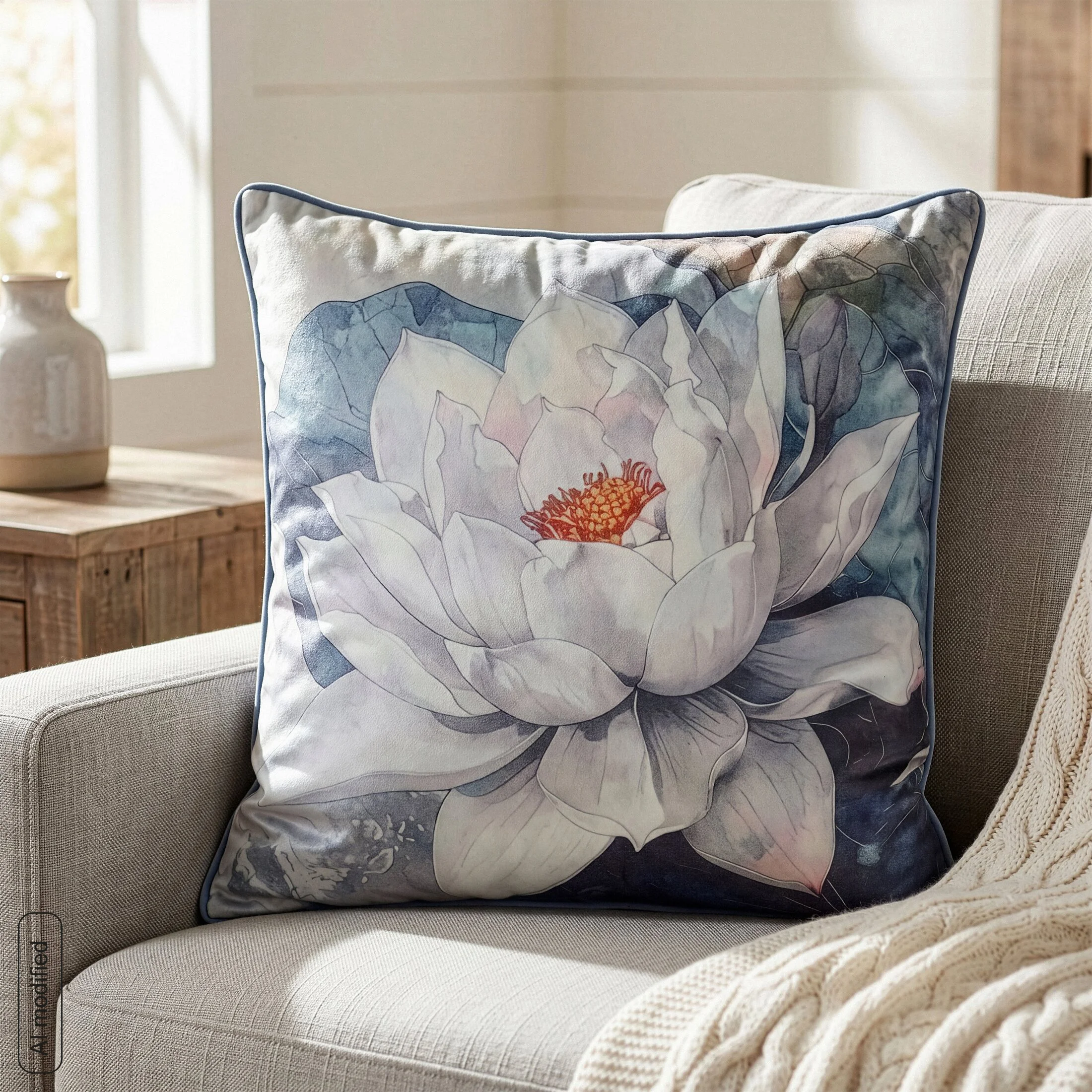 Poszewka na poduszkę 45x45 cm welwetowa zdobiona motywem kwiatów beżowo-niebieska FLOWERS9