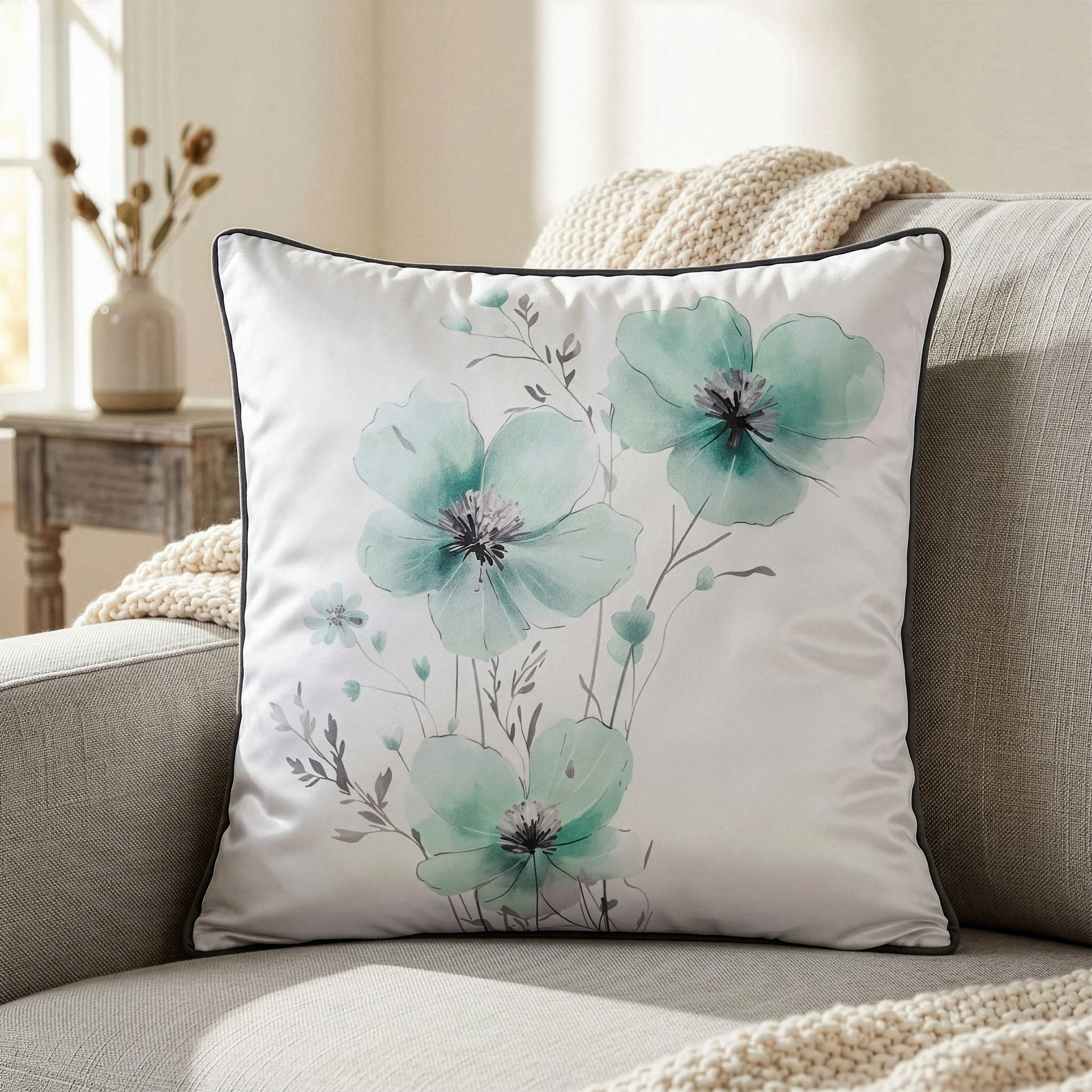 Poszewka na poduszkę 45x45 cm welwetowa zdobiona motywem kwiatów biało-miętowa FLOWERS8
