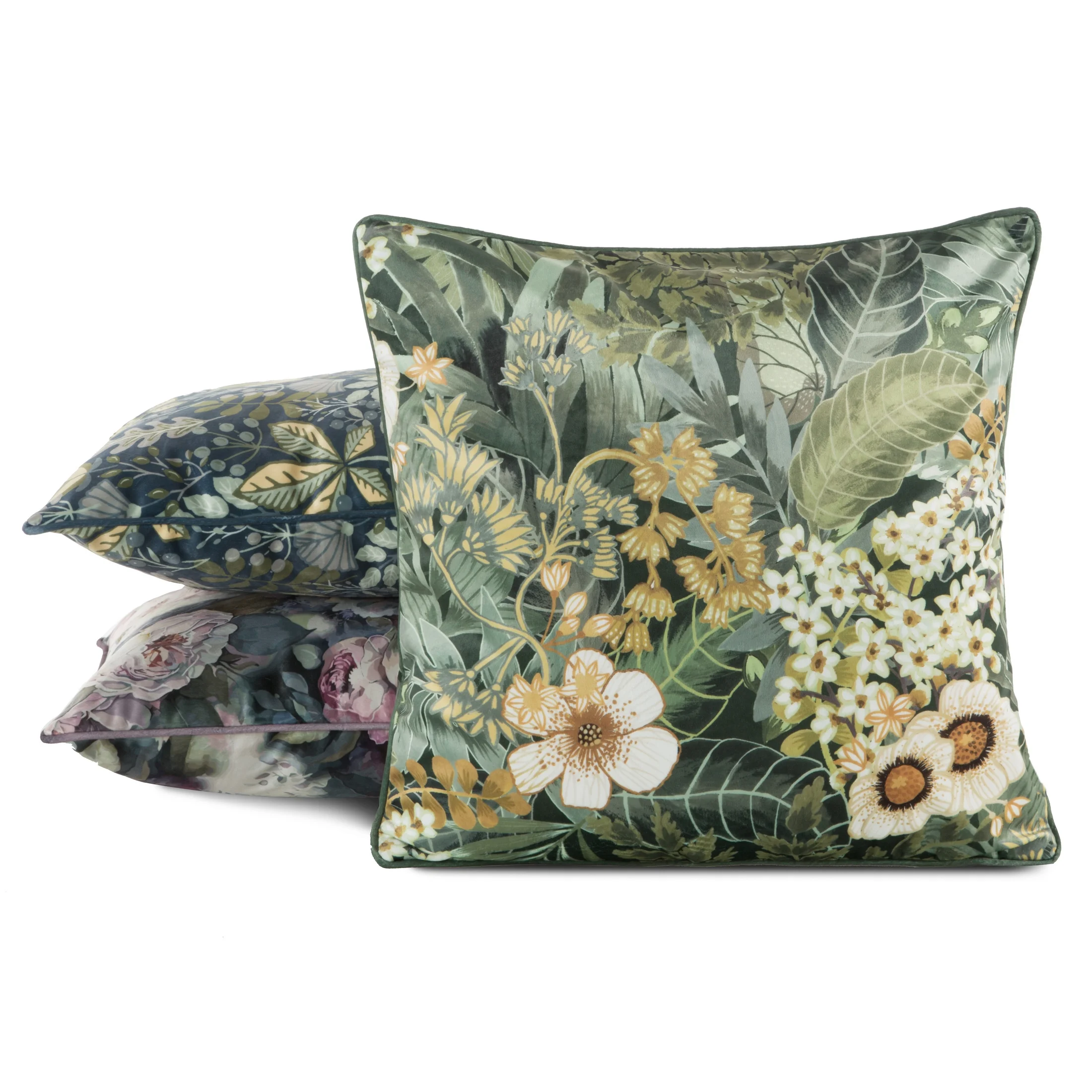Poszewka na poduszkę 45x45 cm welwetowa, zielono beżowa zdobiona nadrukiem kwiatów i elegancką lamówką VELVET 105